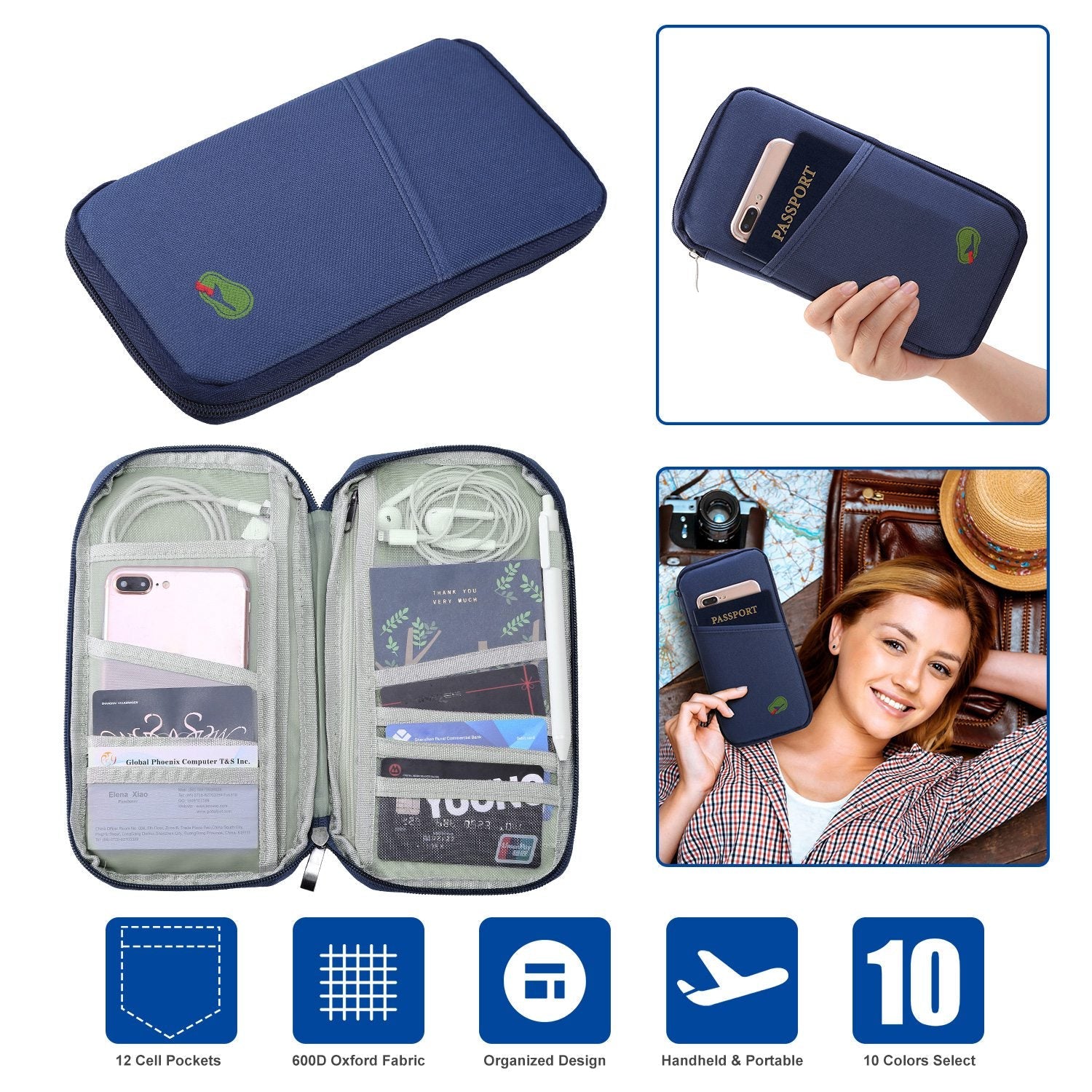 Travel Passport Wallet 12Cells Ticket ID Credit Card Holder Water Repellent Documents Phone Organizer Zipper Case Business Trip Daily Use