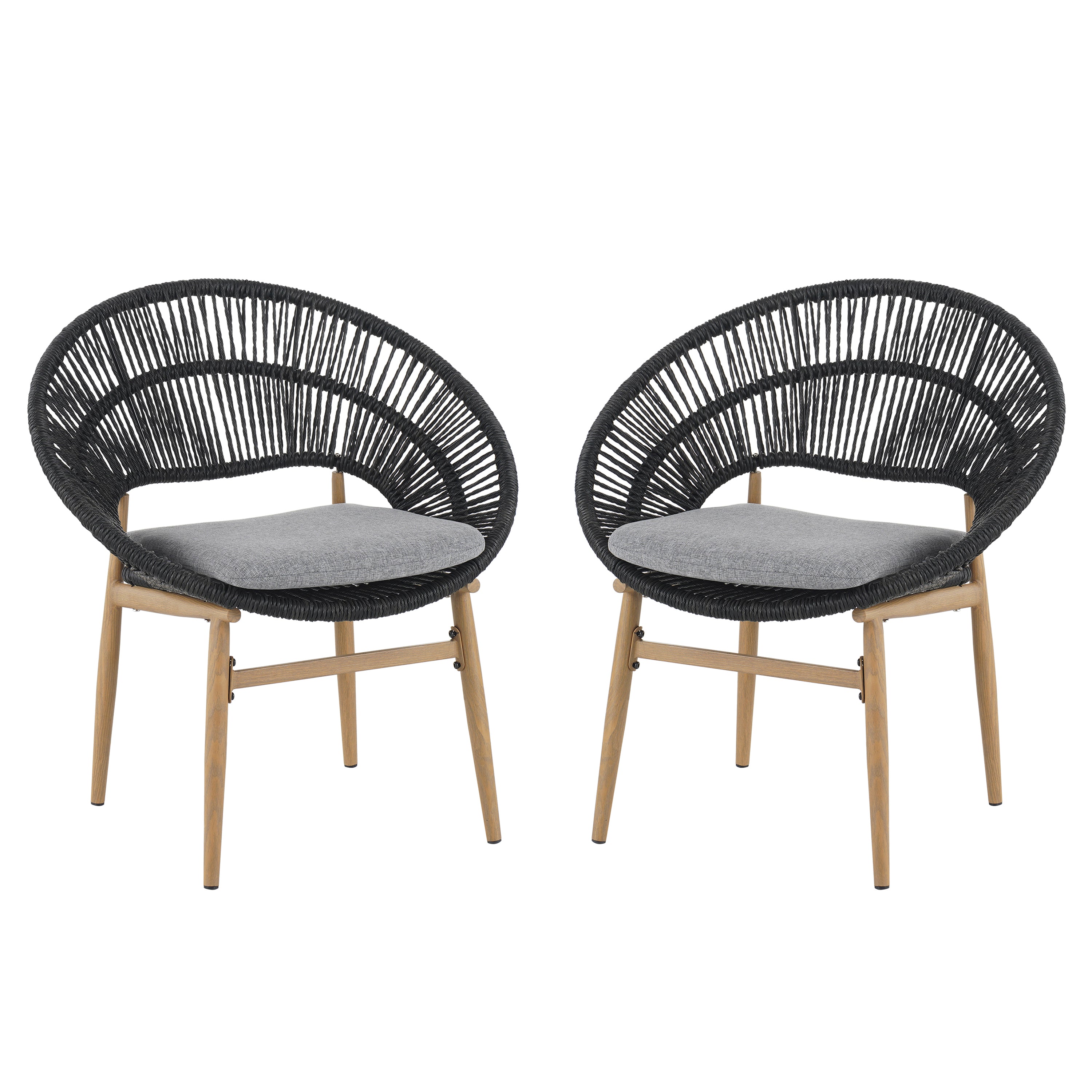 Cyril Outdoor Wicker Papasan Style Dining Chair with Teak Finished Leg and Dark Gray Faux Rattan - Set of 2