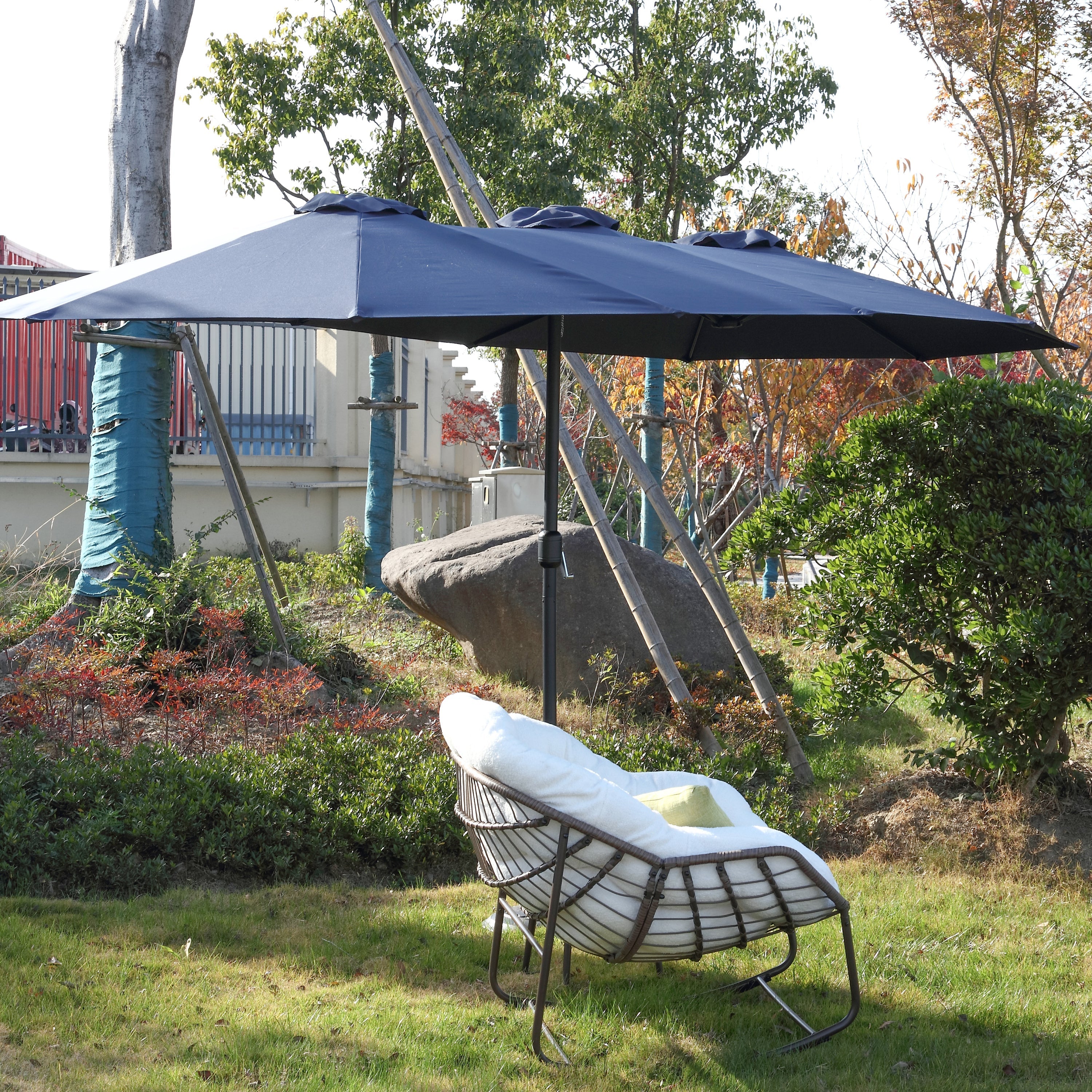 14.8 Ft Double Sided Outdoor Umbrella Rectangular Large with Crank (Navy Blue)
