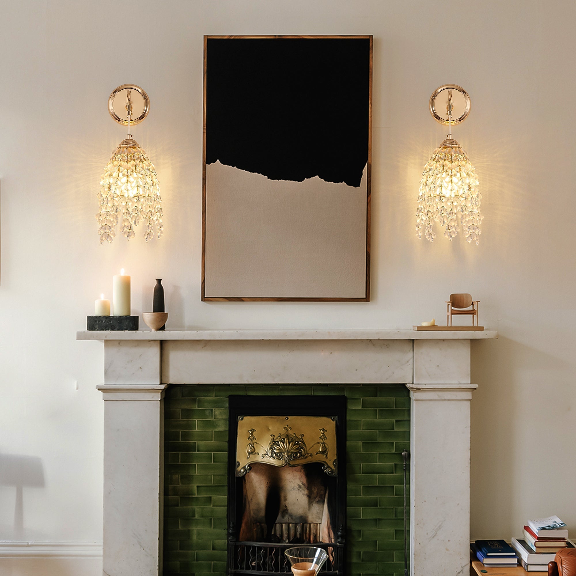 Set of 2 Gold Frame Crystal Grape-Shaped Bead Wall Sconces