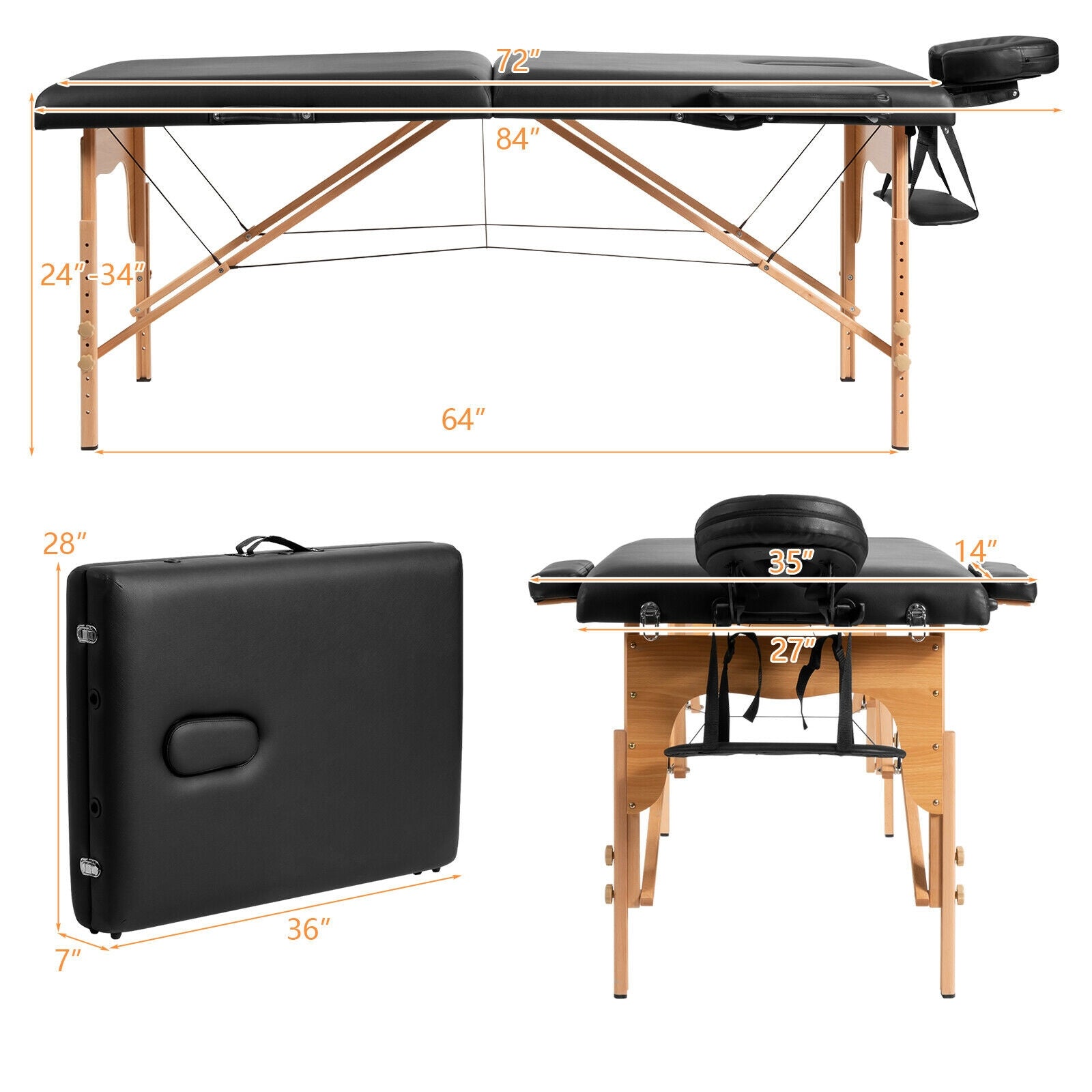 Portable Adjustable Facial Spa Bed with Carry Case-Black
