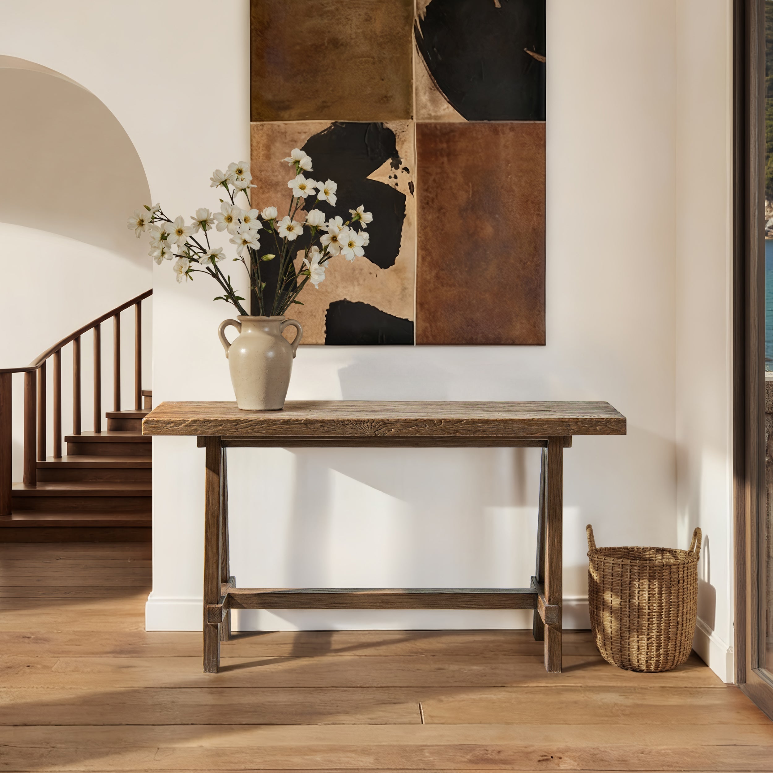 Hawthorne 60' Solid Reclaimed Elm Trestle Console Table, Heritage Medium-Dark Brown