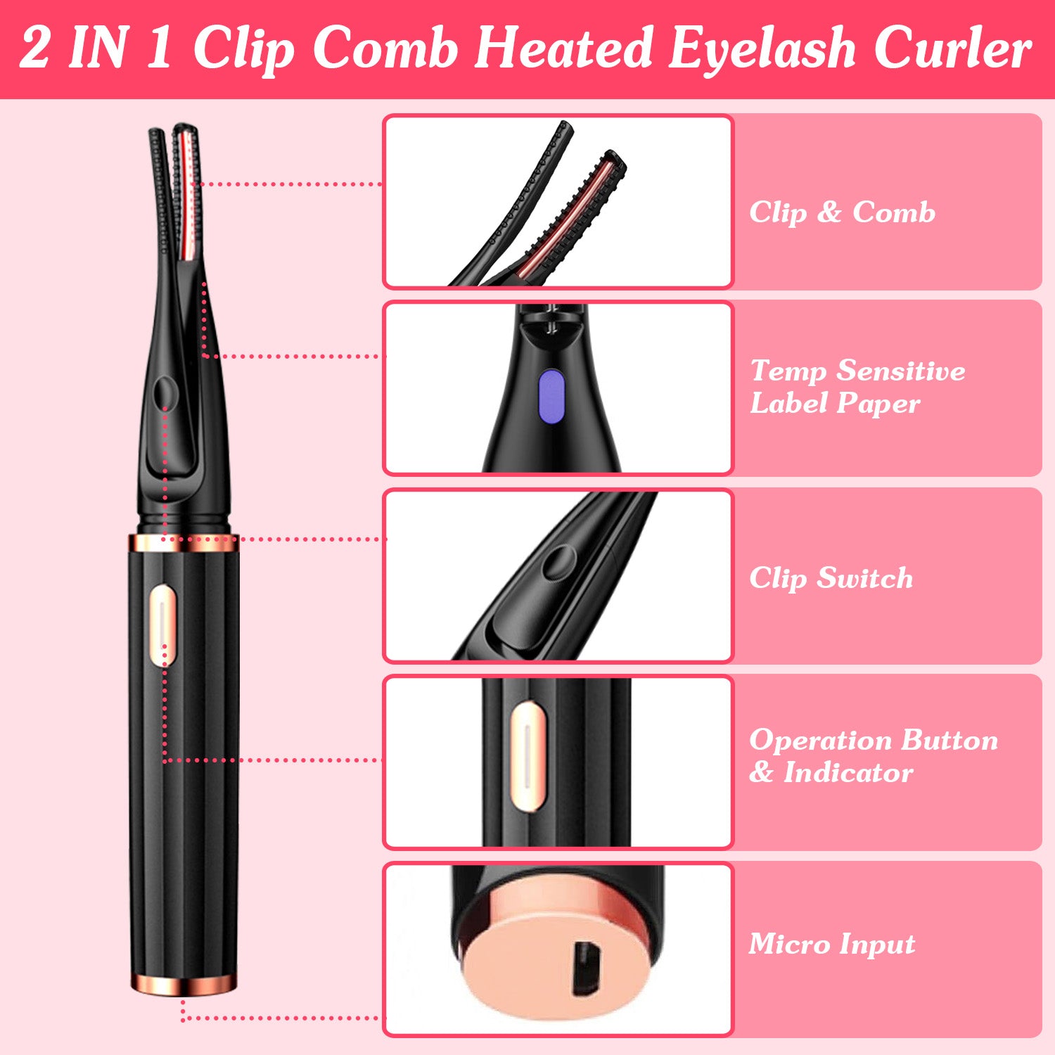 2 In 1 Clip Comb Heated Eyelash Curler Electric Mini Lash Curler Natural Eye Lash Makeup Tool with 3 Temp Settings 15Mins Shutdown