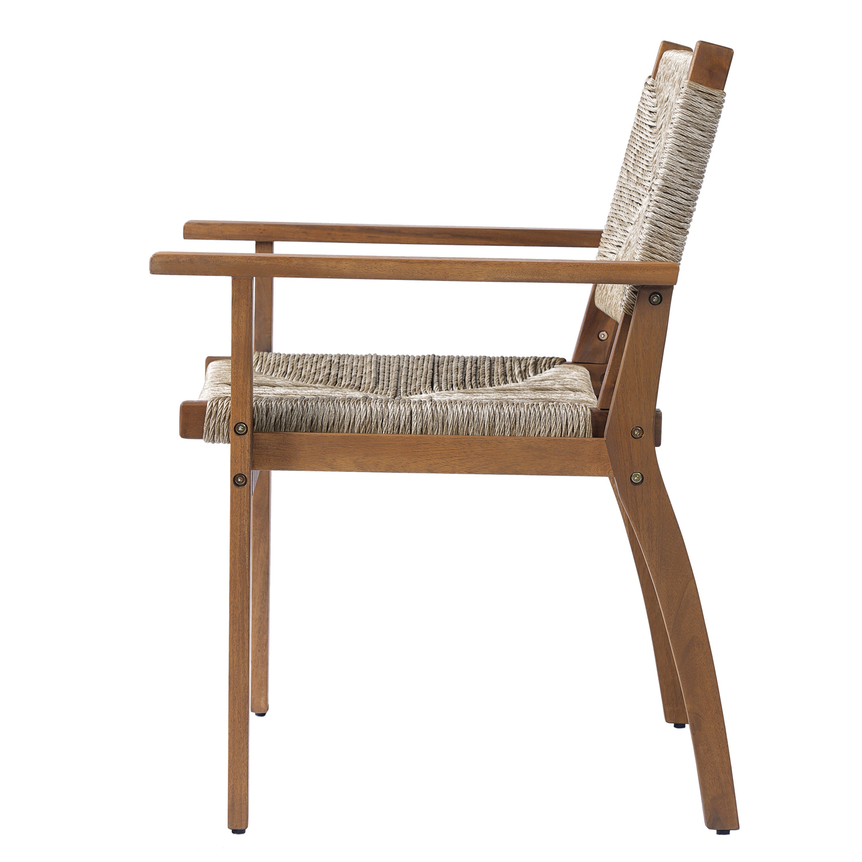 5-Piece Outdoor Dining Set: Brown Round Acacia Wood Table & 4 Brown Wicker Armchairs