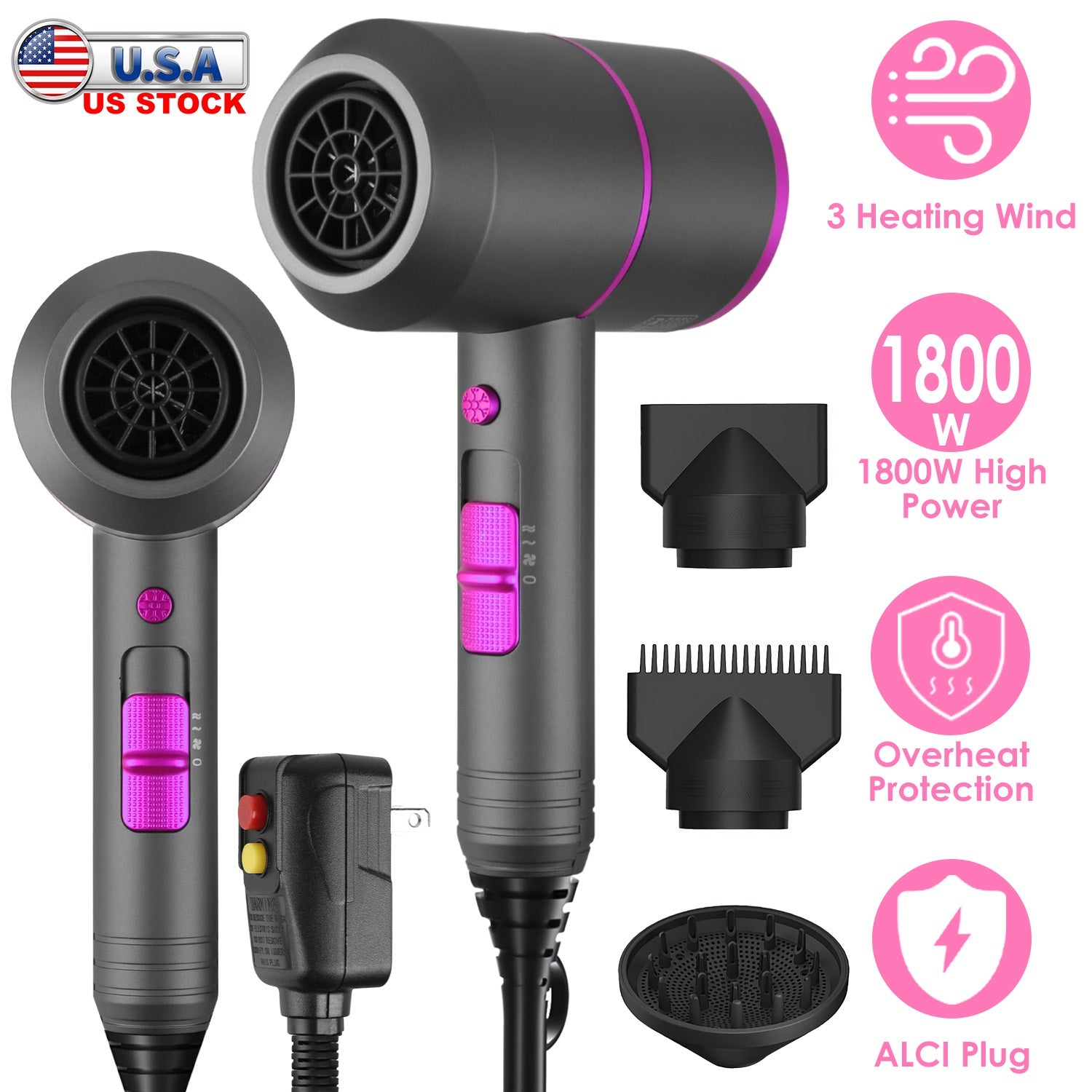1800W Hair Dryer Portable Compact Hair Blow Dryer with Cool/Warm/Hot Wind with Diffuser Concentrator/Comb Nozzle ALCI Plug Overheat Protection for Wom