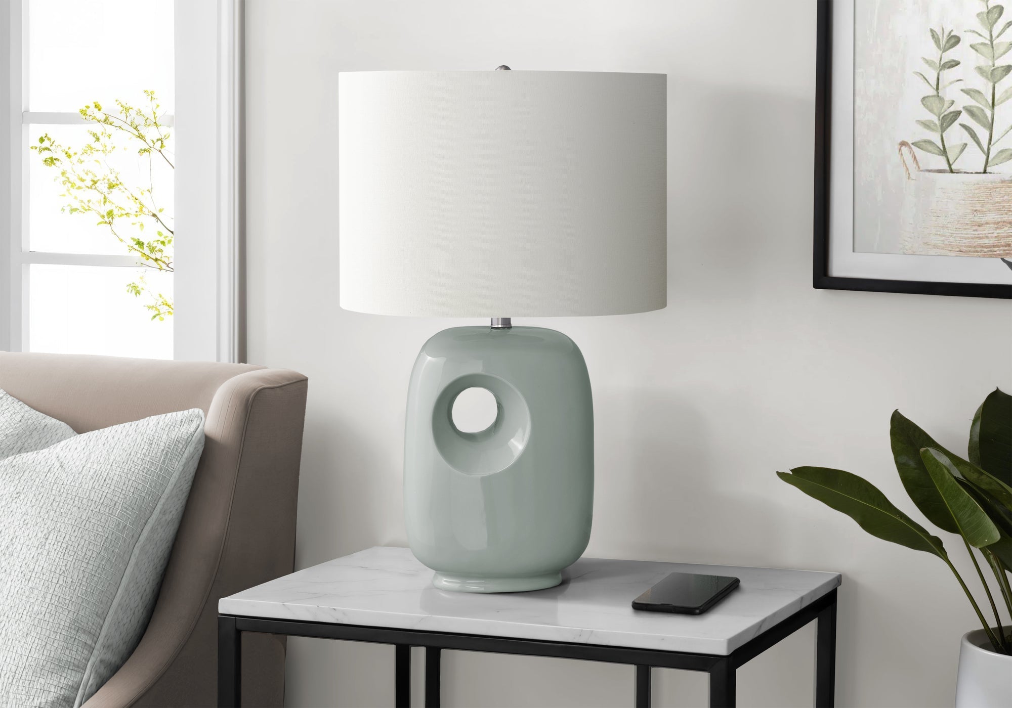Lighting, 26'h, Table Lamp, Green Ceramic, Ivory / Cream Shade, Contemporary, Modern