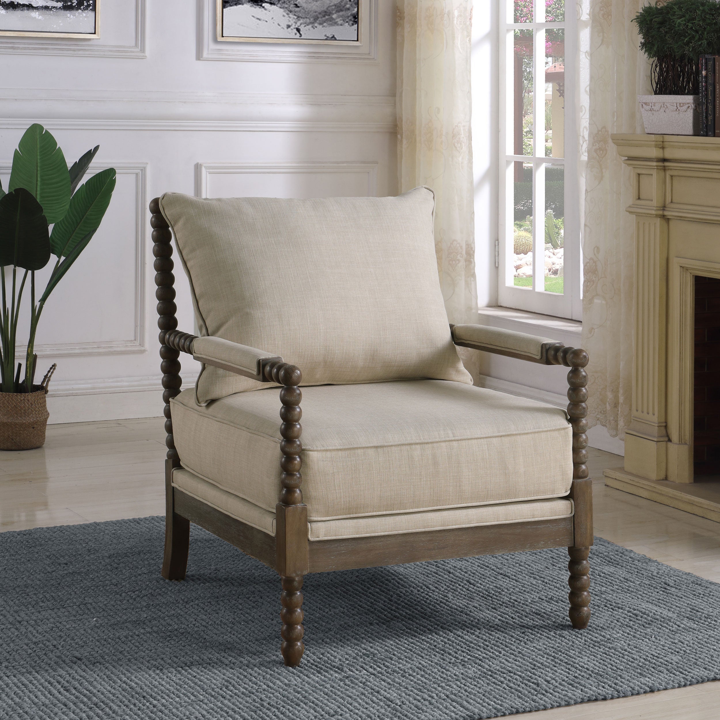 Beige and Natural Removable Back Accent Chair with Faux Linen Fabric and Wood Frame