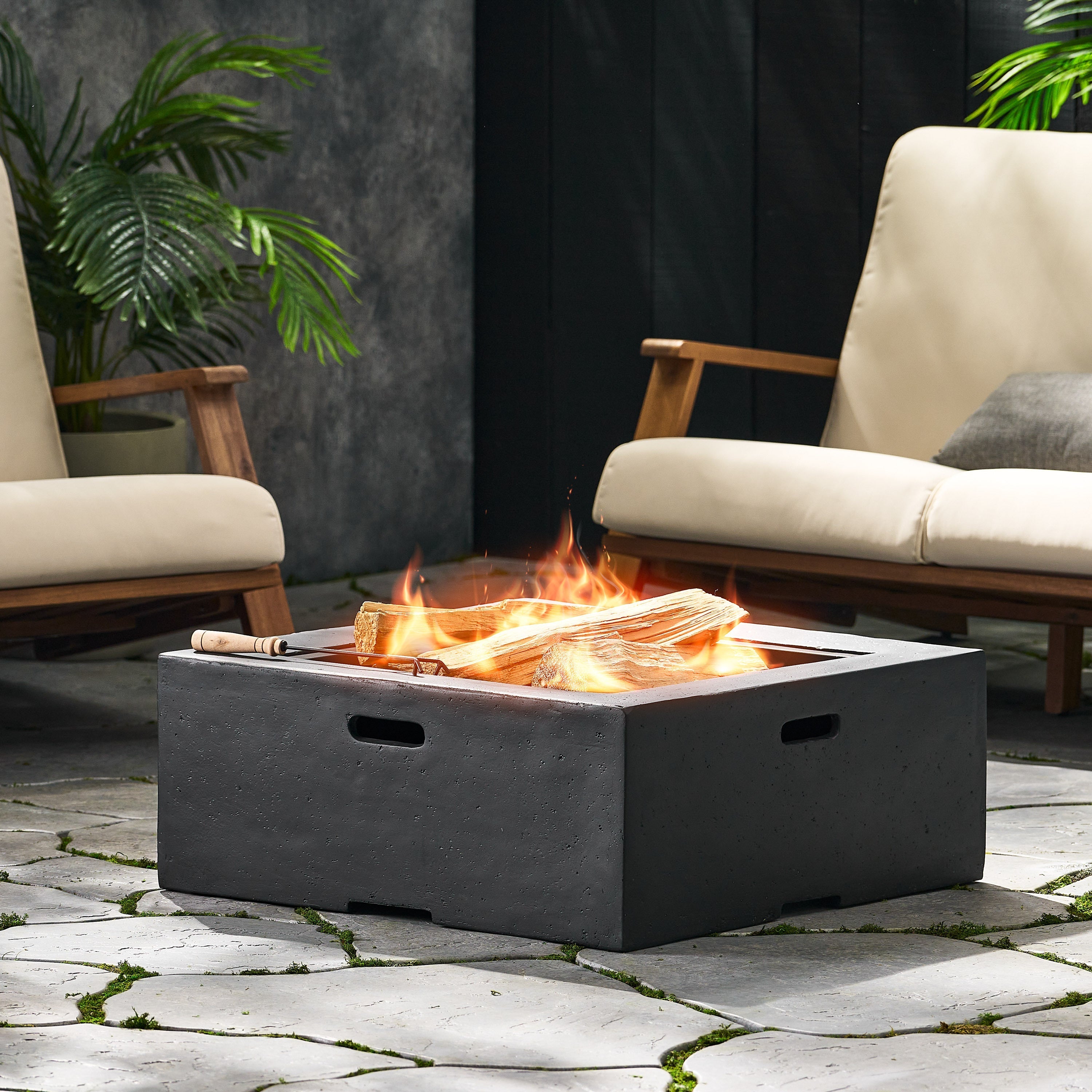 Outdoor 29' Square MgO Wood-Burning Fire Pit, Dark Gray
