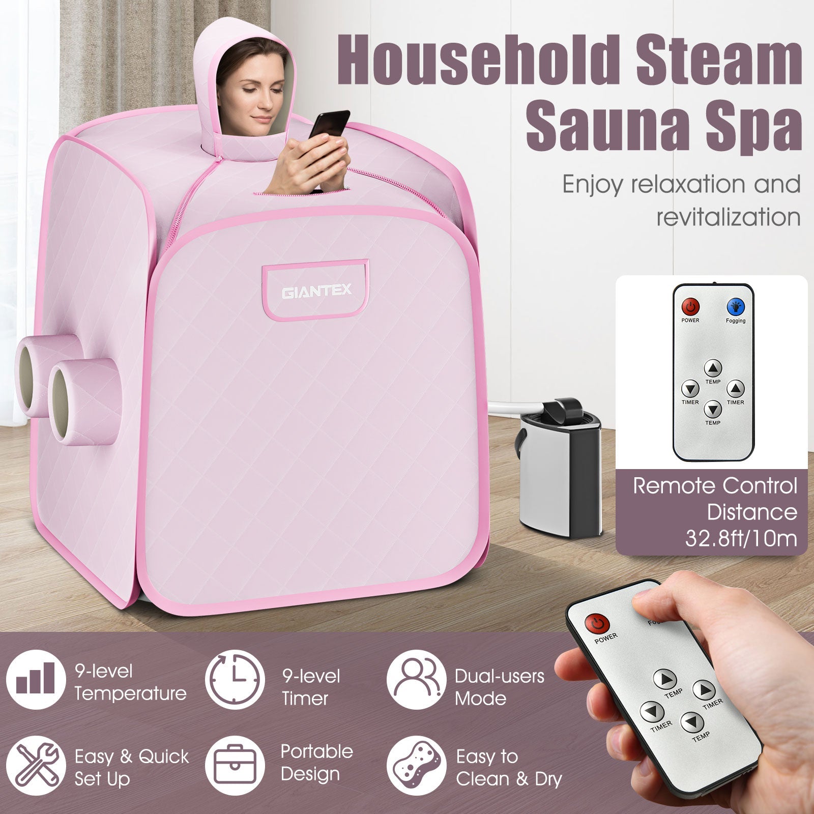 800W 2 Person Portable Steam Sauna Tent SPA with Hat Side Holes 3L Steamer-Pink