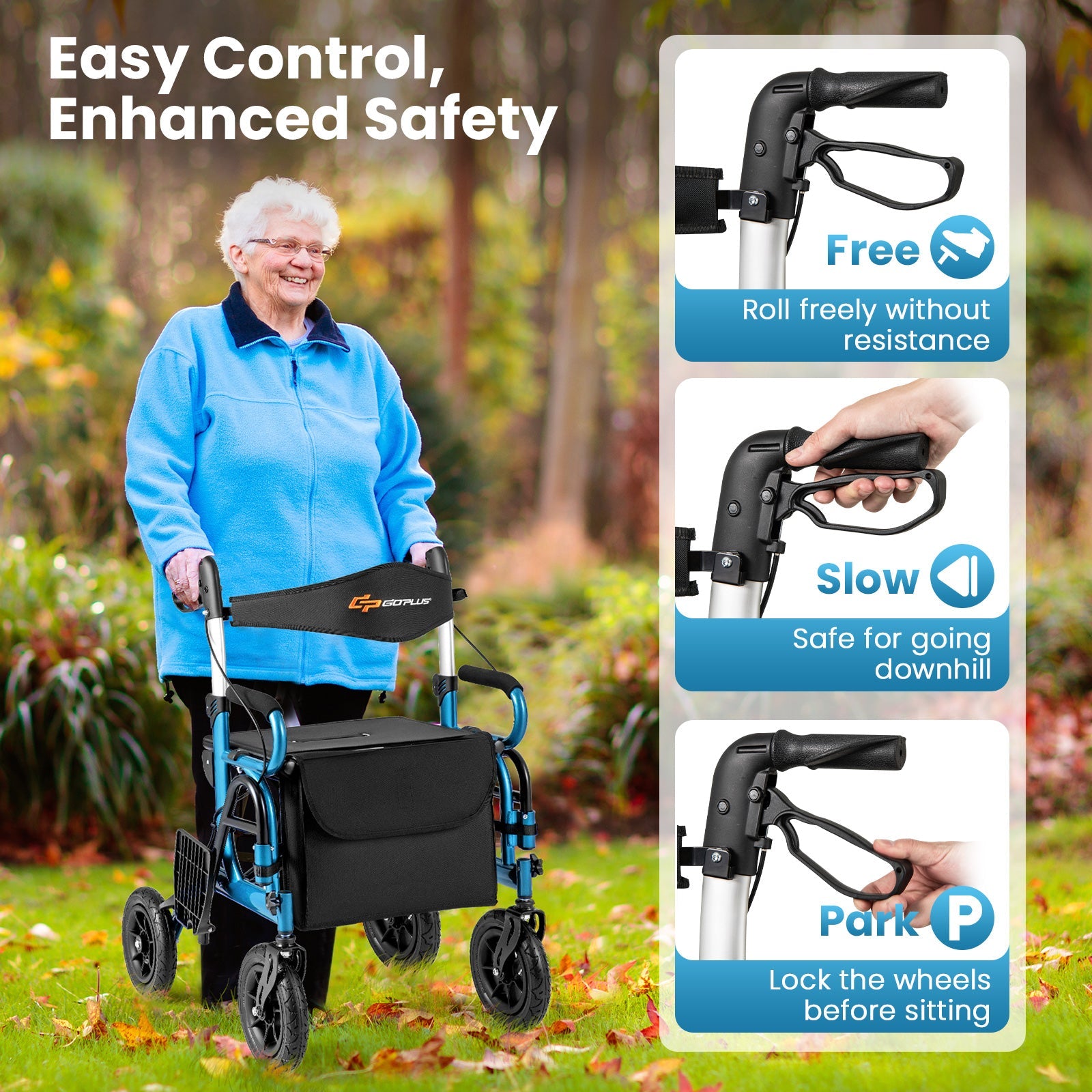 2-in-1 Foldable Rollator Walker with Seat abd 9 Inch Pneumatic Tires for Seniors-Navy
