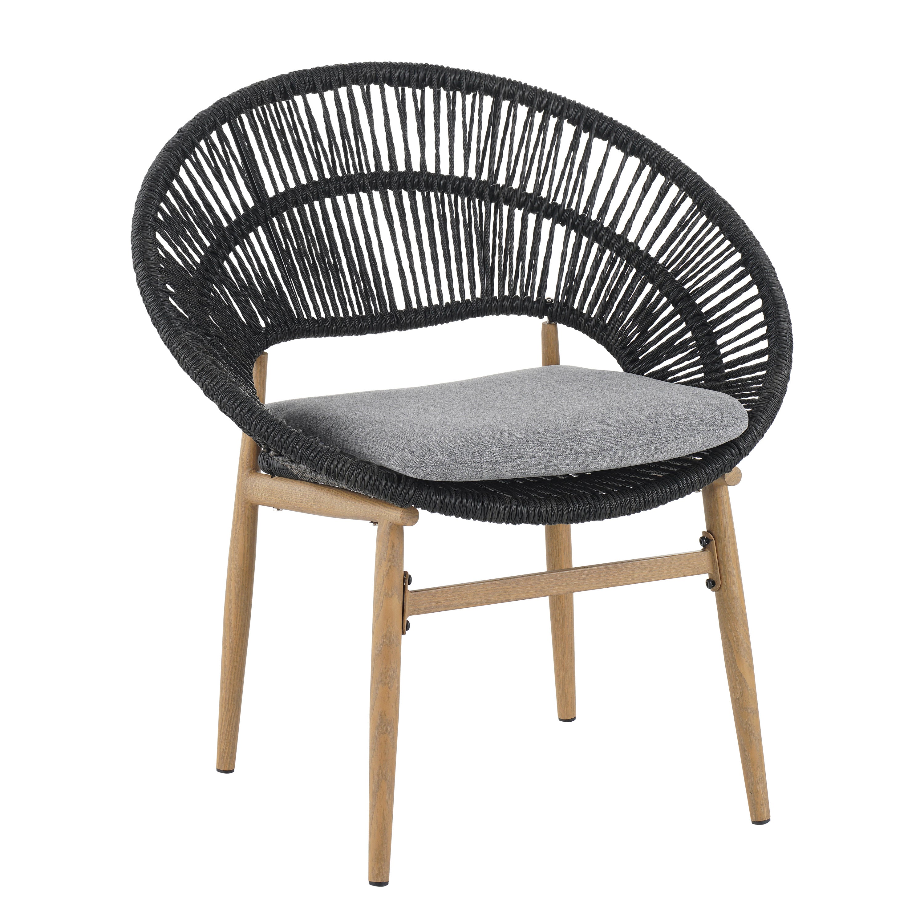 Cyril Outdoor Wicker Papasan Style Dining Chair with Teak Finished Leg and Dark Gray Faux Rattan - Set of 2