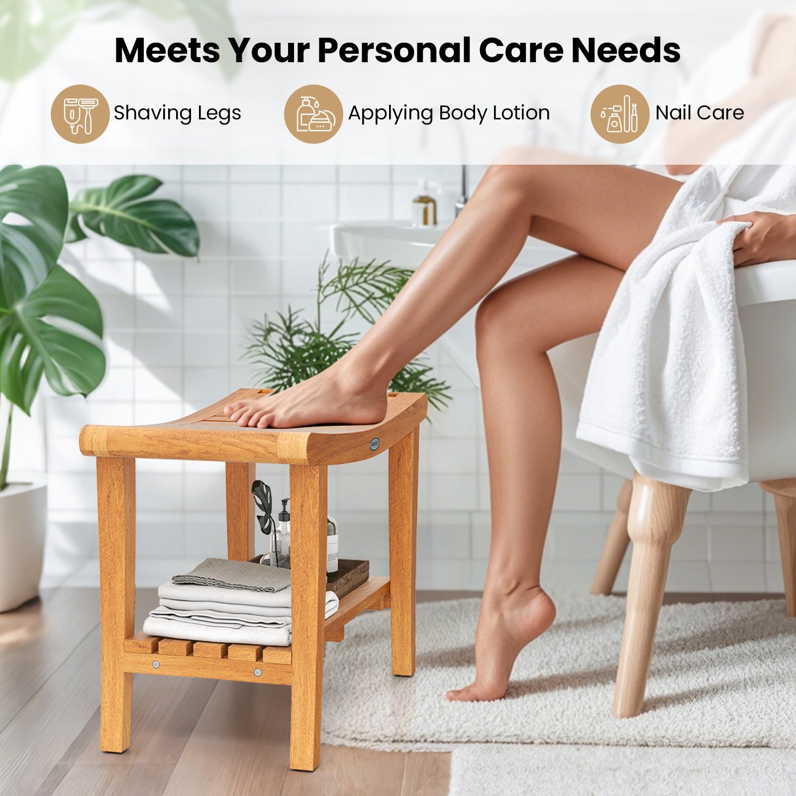 30 Inches Large Teak Shower Stool with Storage Shelf and Non-slip Footpads