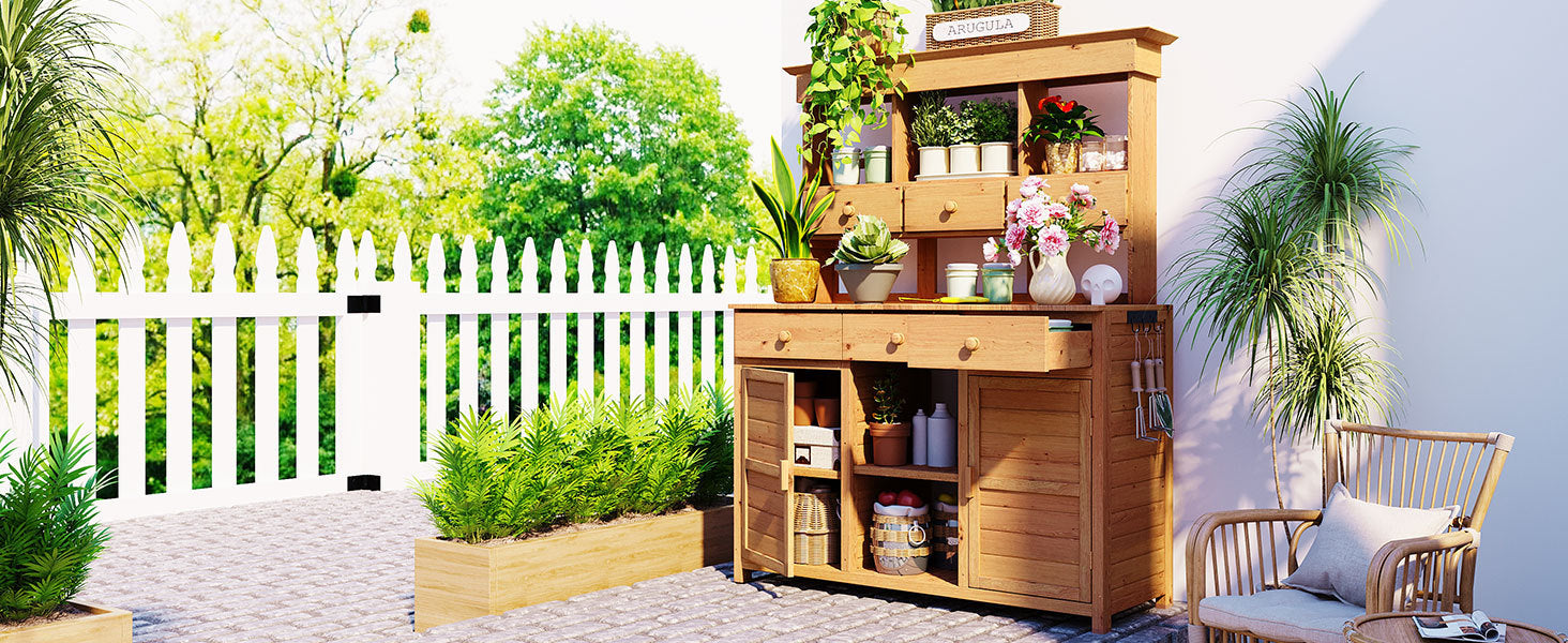 TOPMAX 65.7'' Tall Garden Potting Bench Table with Hutch