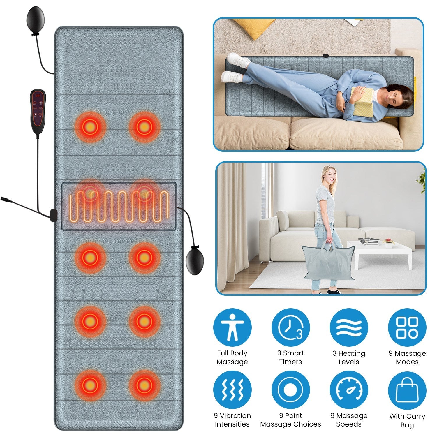 Full Body Electric Massage Mat with Heat Vibration Massage Pad Cushion Back Massage Mattress Chair Pad with Inflatable Head Pillow Lumbar Pillow with