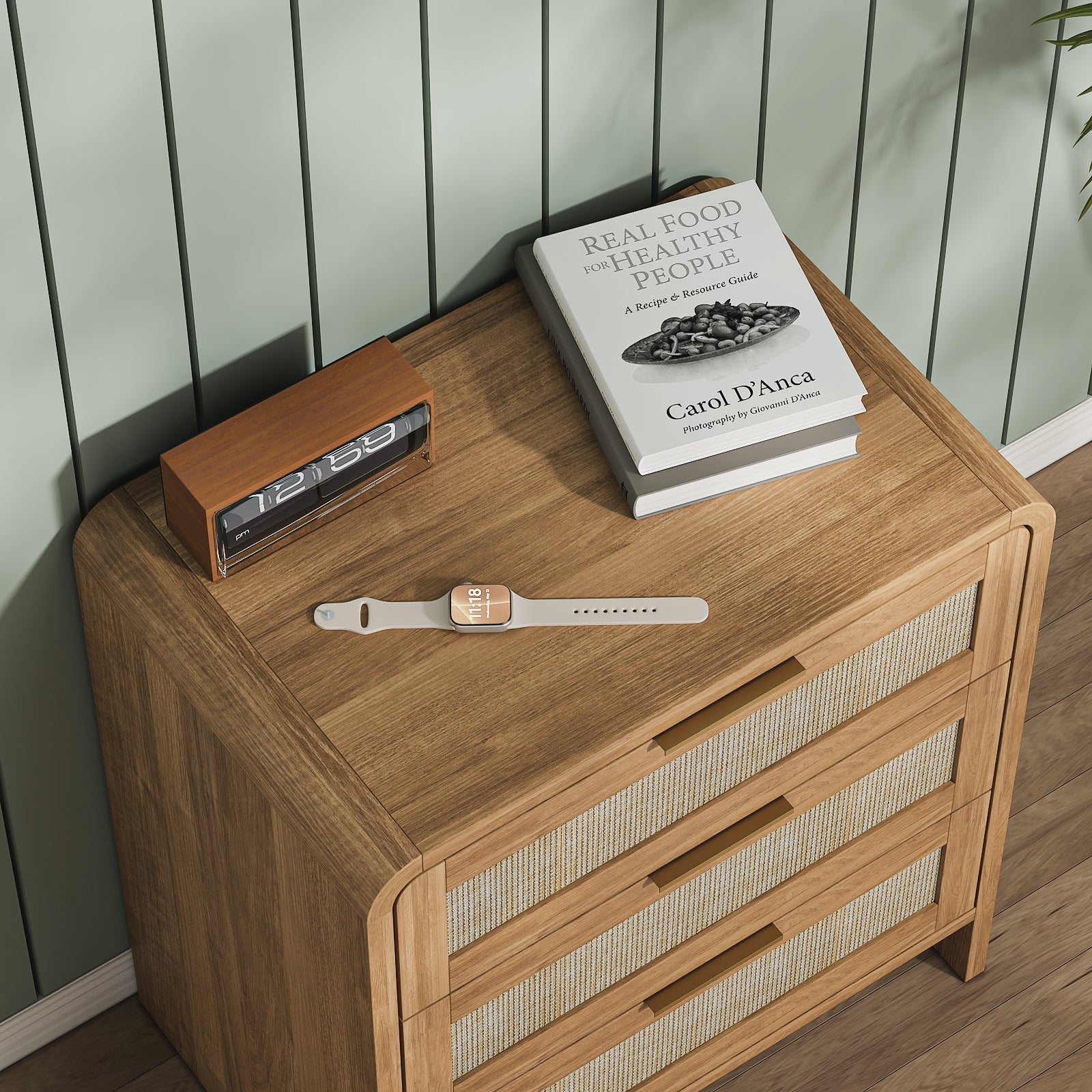 Rattan Nightstand with 3 Drawers set of 2, 22.8' Wide Curved Wooden Bedside Table, Modern Storage for Bedroom, Caramel Oak.