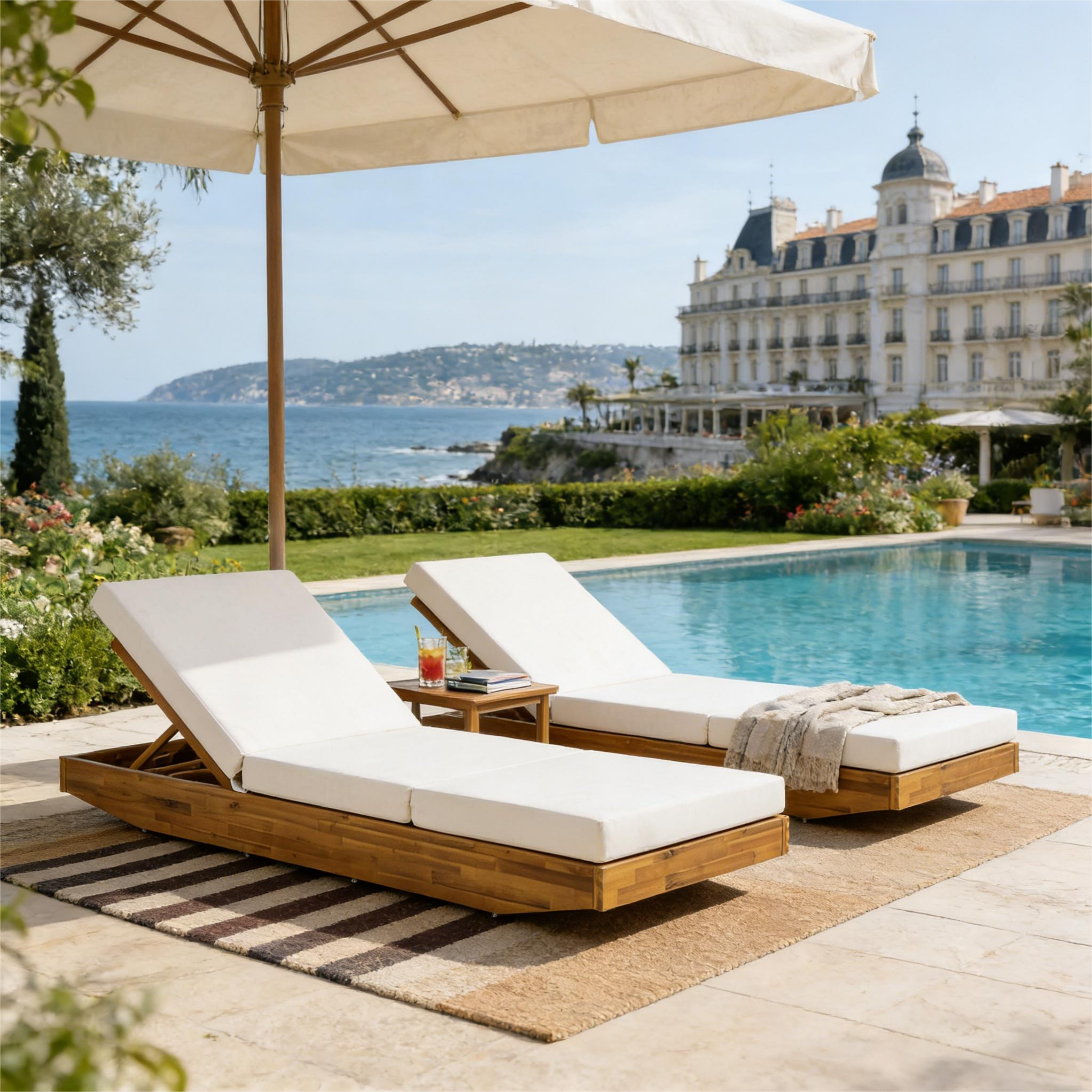 Acacia Wood Chaise Lounge with Cushion