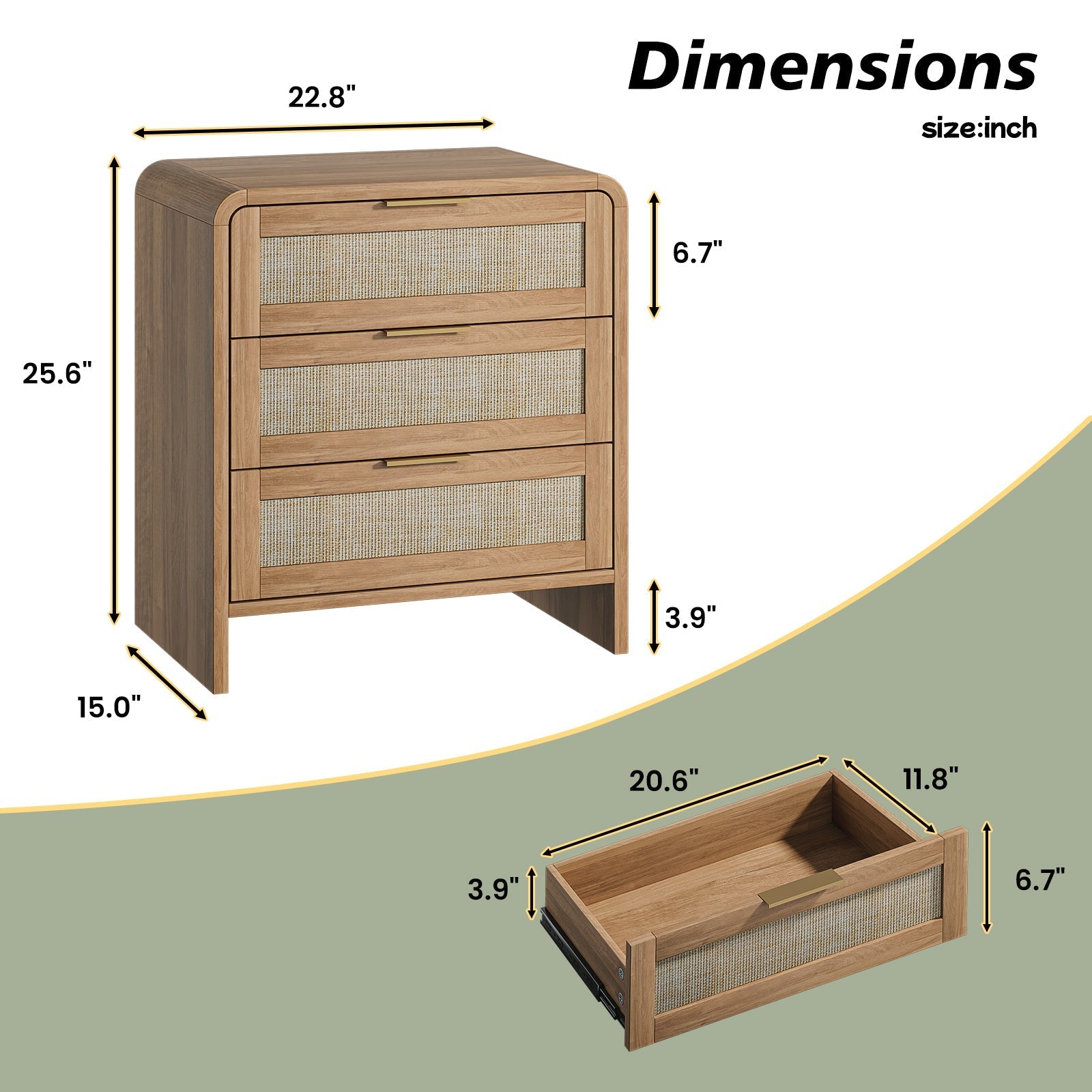Rattan Nightstand with 3 Drawers set of 2, 22.8' Wide Curved Wooden Bedside Table, Modern Storage for Bedroom, Caramel Oak.