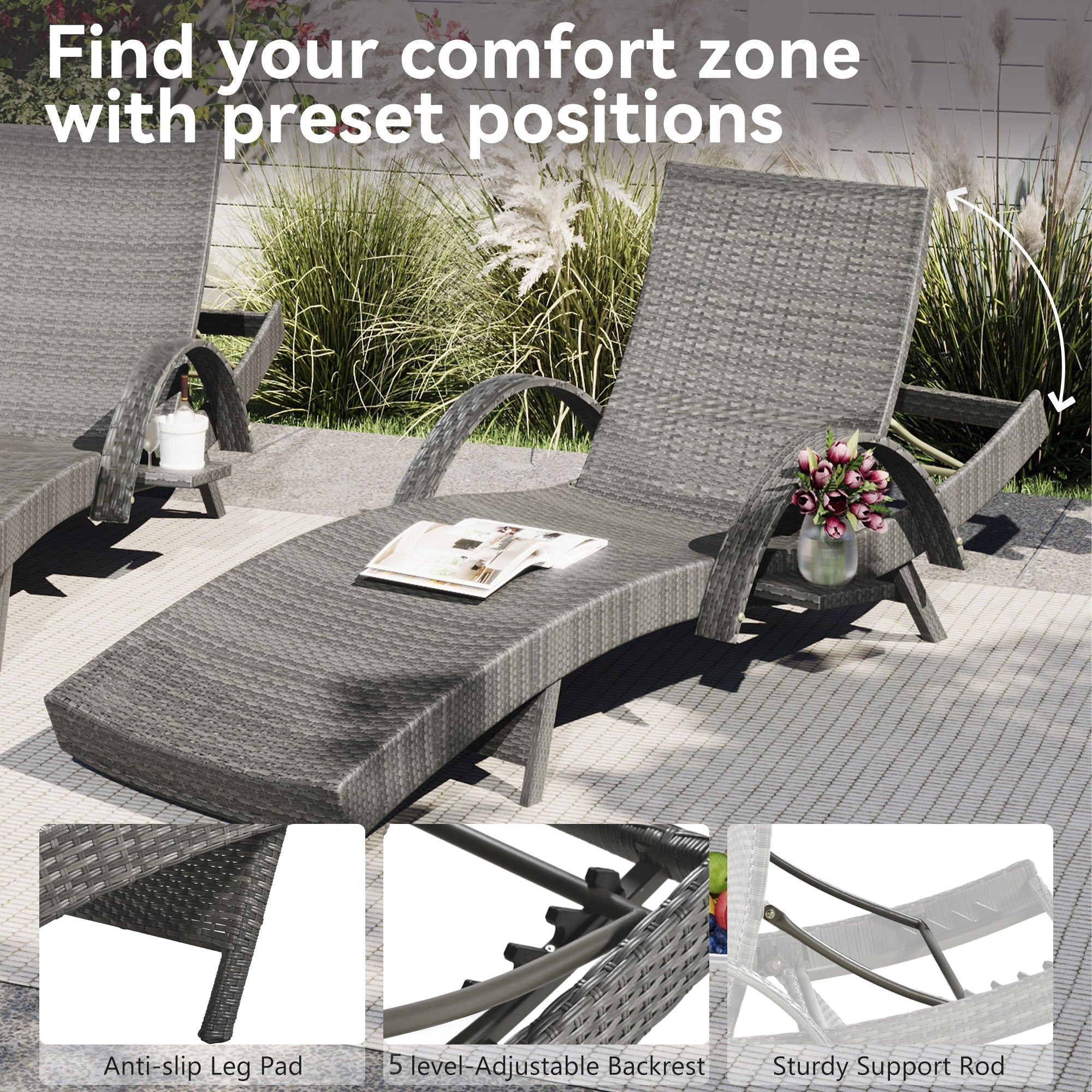 K&K 80" Outdoor Wicker Chaise Lounge Chairs Set of 2