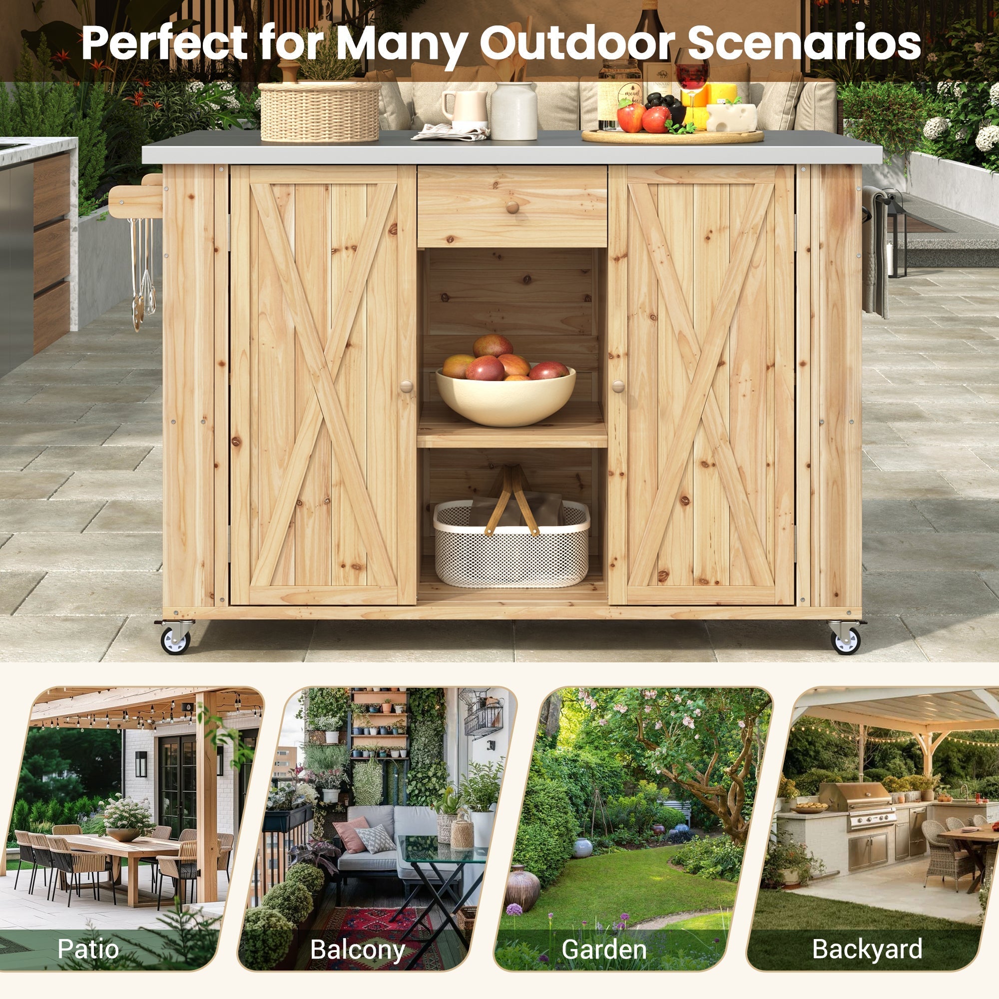 Outdoor Kitchen Island Fir Wood Kitchen Island with Stainless Steel Top
