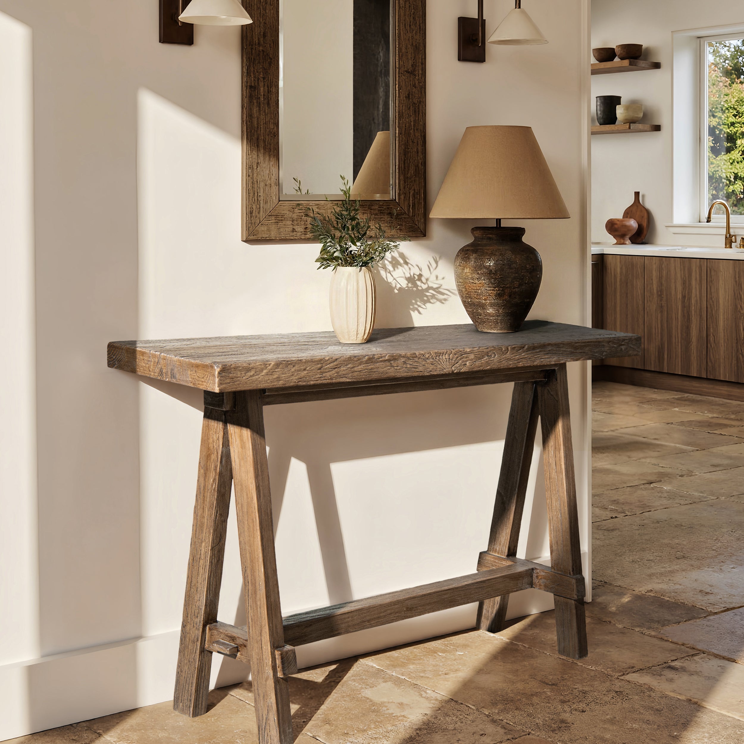 Hawthorne 60' Solid Reclaimed Elm Trestle Console Table, Heritage Medium-Dark Brown