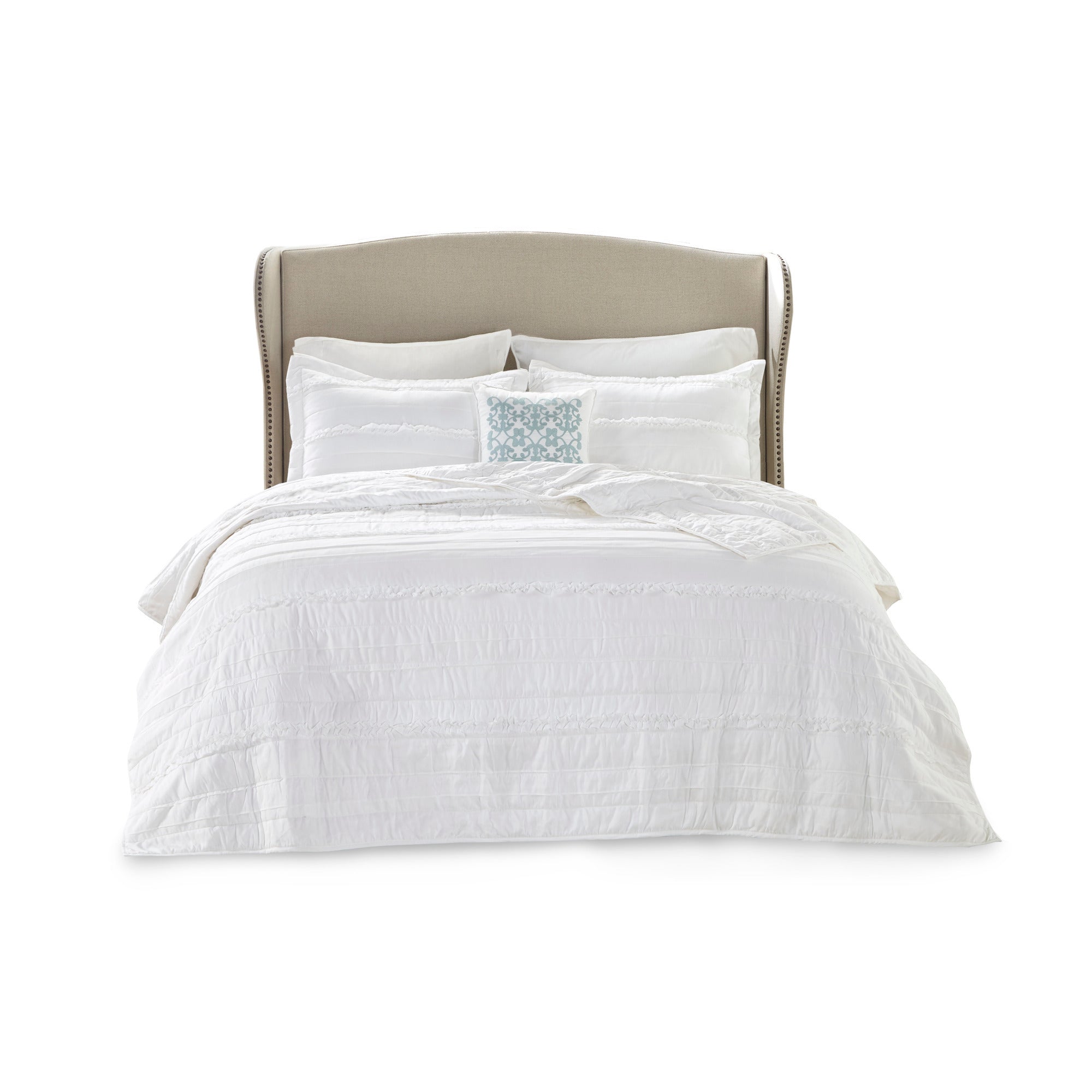 4 Piece Reversible Ruffle Quilt Set with Throw Pillow White King/Cal King