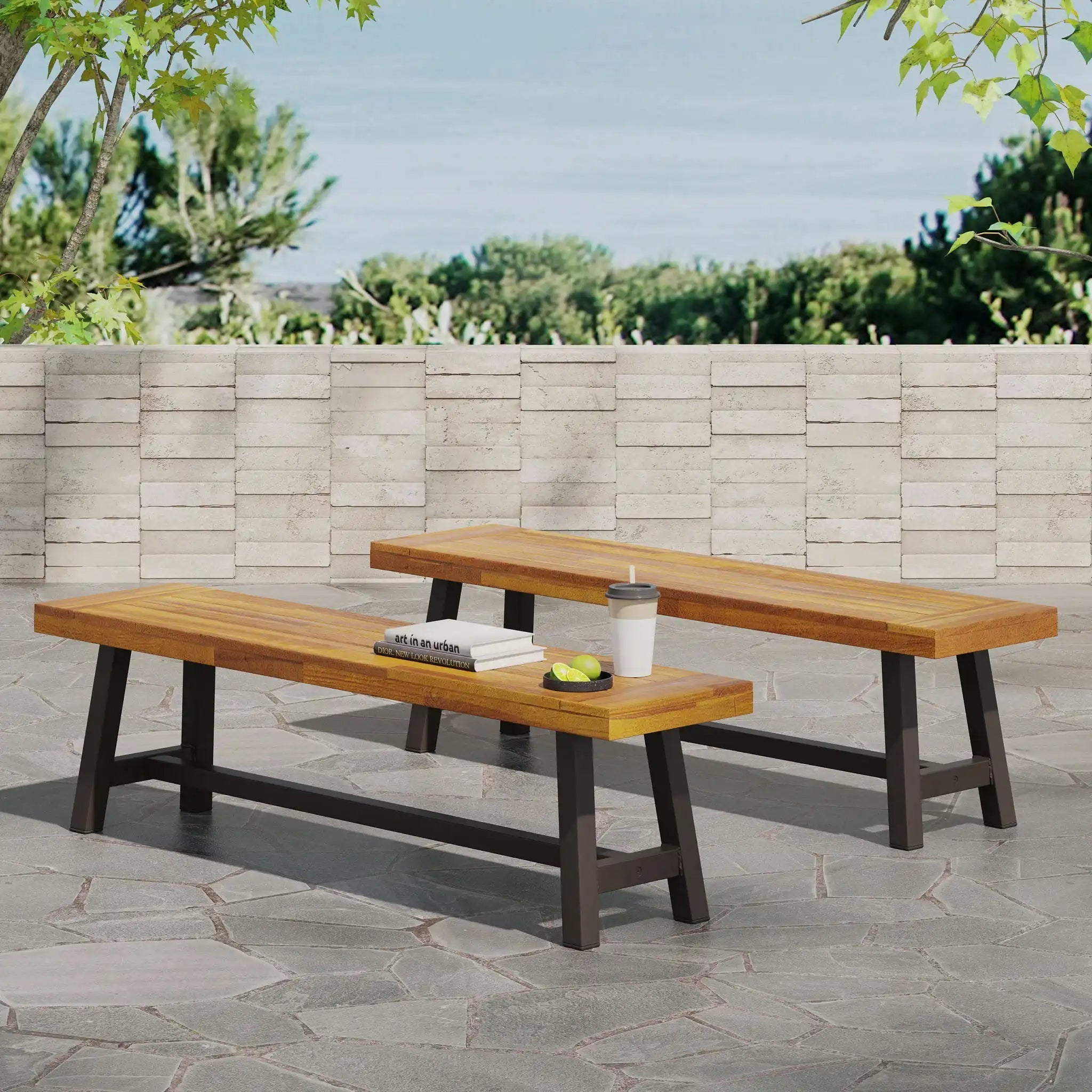 Tranquilizer Outdoor Acacia Wood Bench With Slat Panel Design