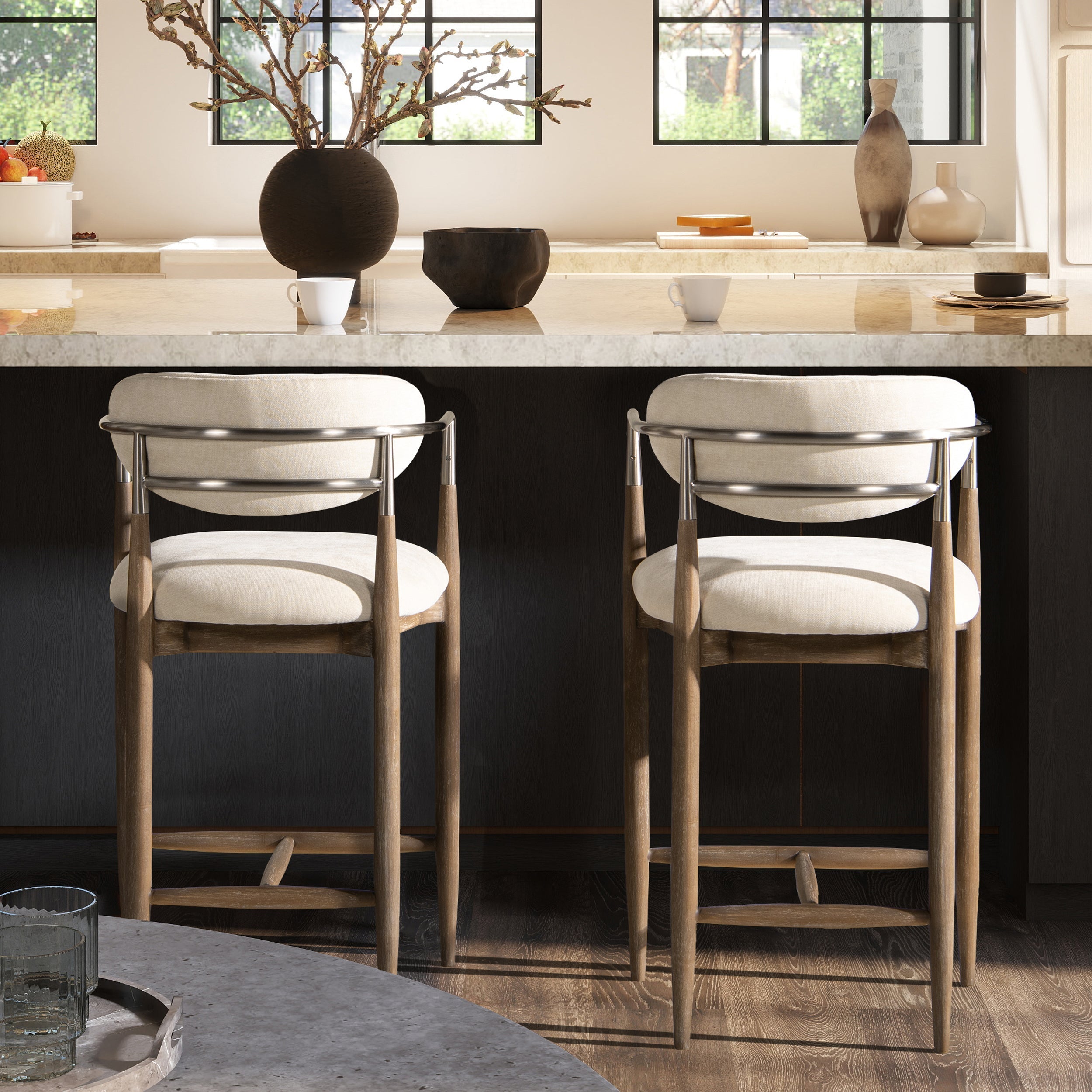 Artemis 26' Mixed Material Upholstered Counter Stool, Warm White Chenille