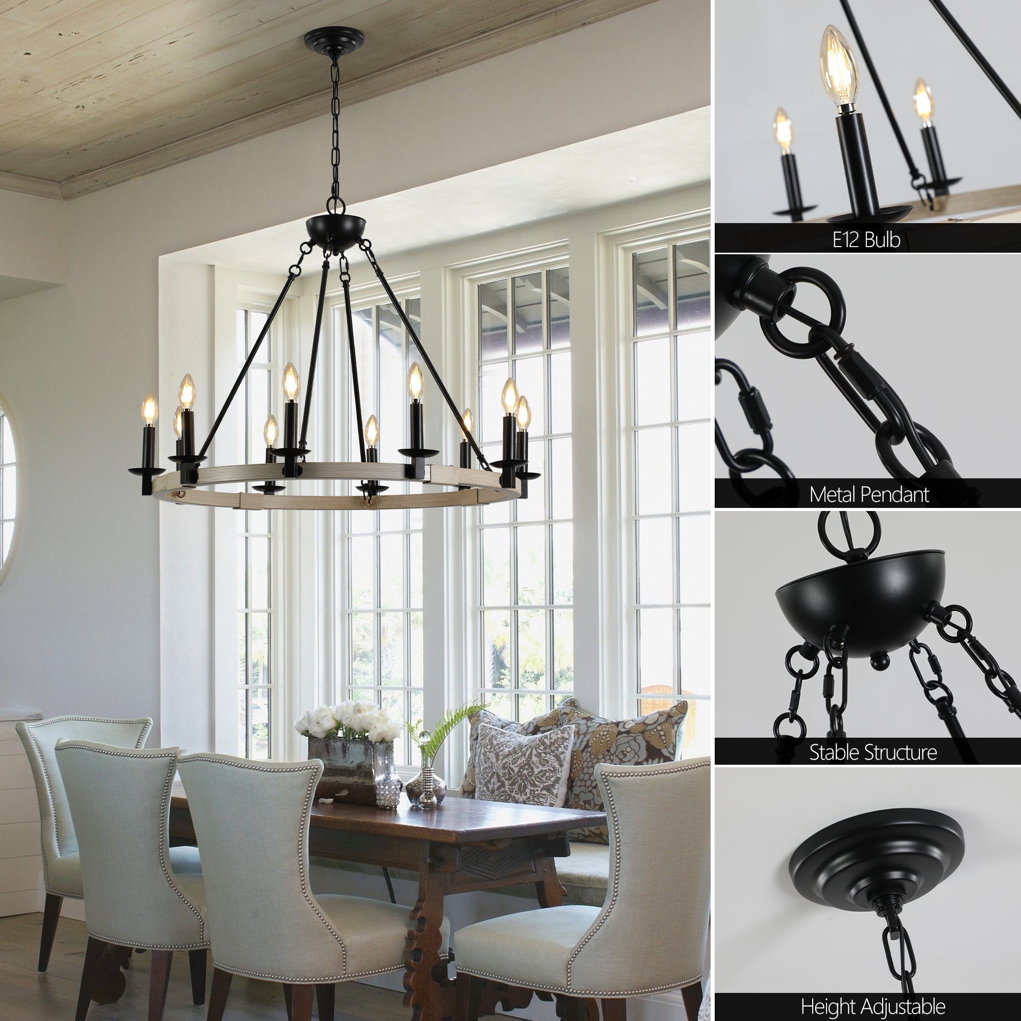 32" Rustic Farmhouse 10-Light Candle Chandelier