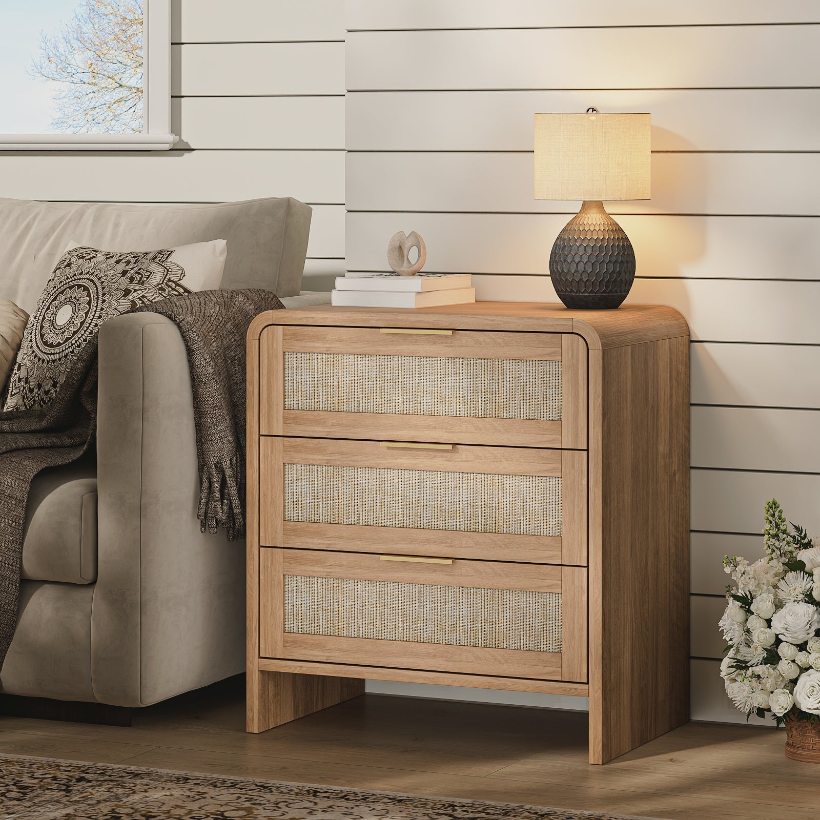 Rattan Nightstand with 3 Drawers set of 2, 22.8' Wide Curved Wooden Bedside Table, Modern Storage for Bedroom, Caramel Oak.
