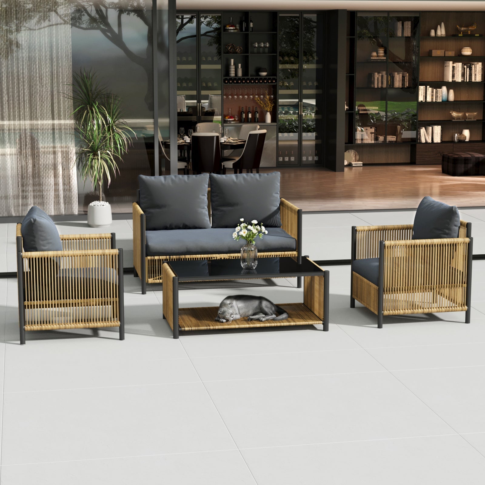 Patio 4-Piece Brown PE Wicker Sofa Set with Grey Cushions