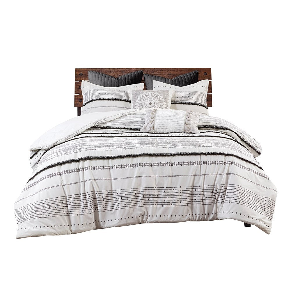 Cotton Printed Comforter Set with Trims Black/White Full/Queen