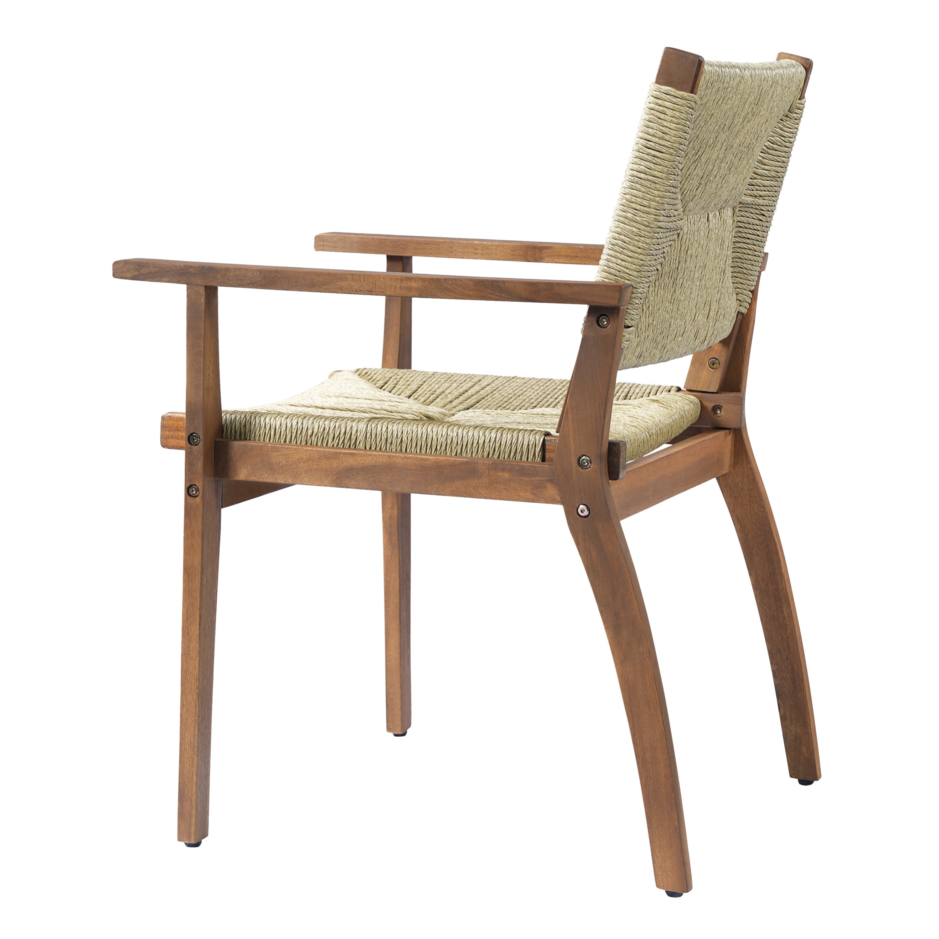 5-Piece Outdoor Dining Set: Teak Finish Round Acacia Wood Table & 4 Wicker Armchairs