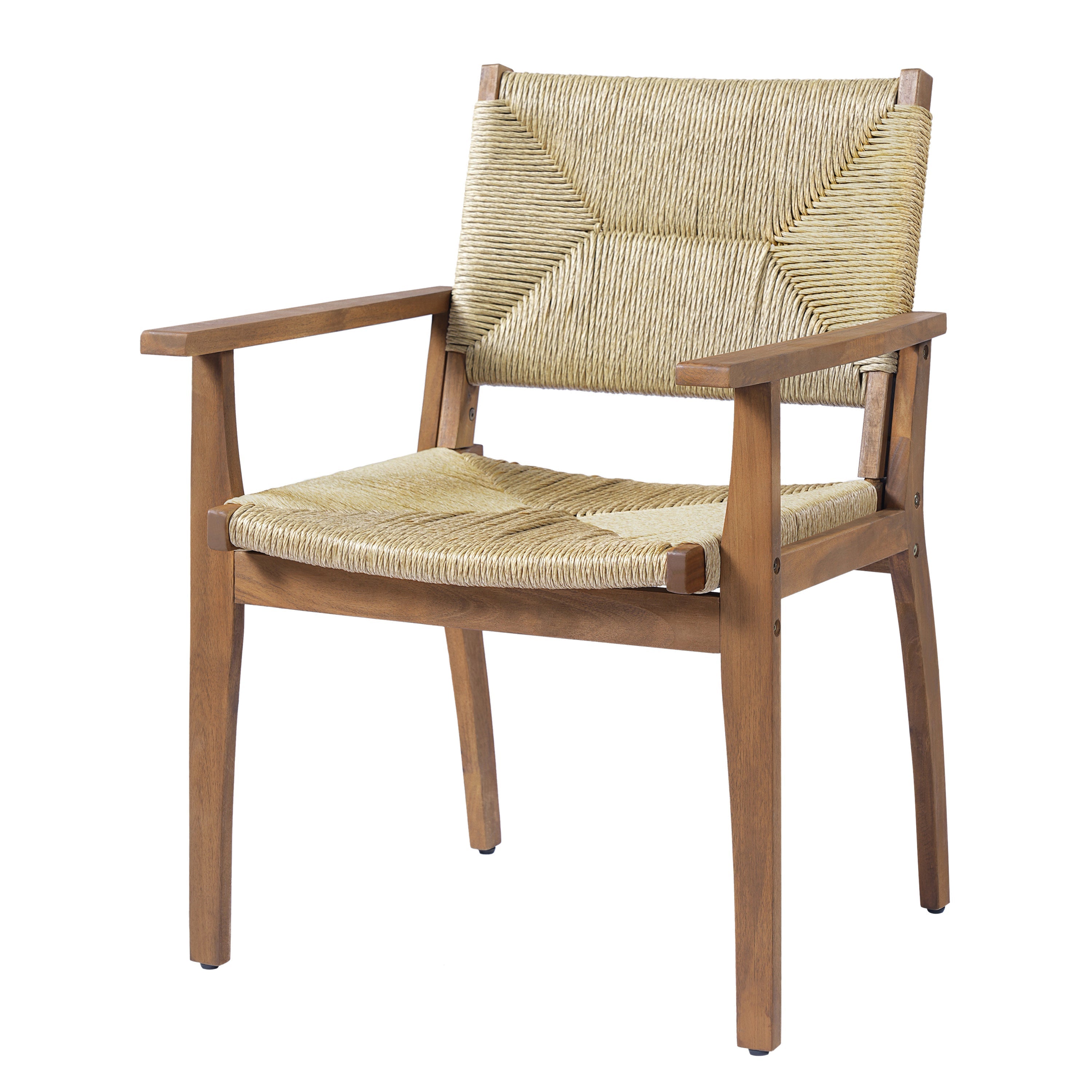 5-Piece Outdoor Dining Set: Teak Finish Round Acacia Wood Table & 4 Wicker Armchairs