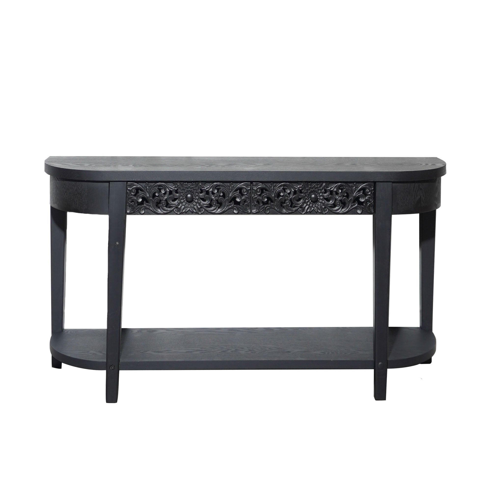 59.2in Black Carved Wooden Console Table with Lower Storage Shelf and Drawers