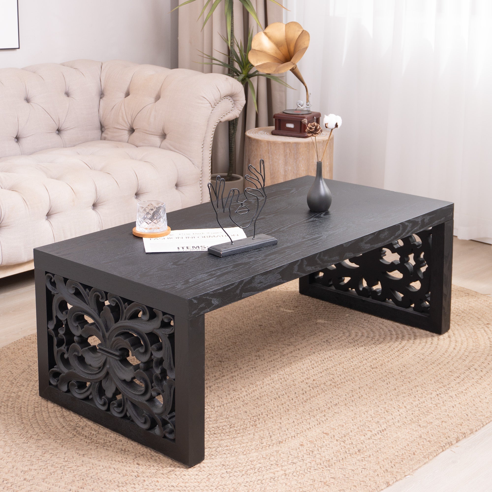 47.2" Solid Black Carved Wood Coffee Table – Handcrafted Look with Ornate Side Panels
