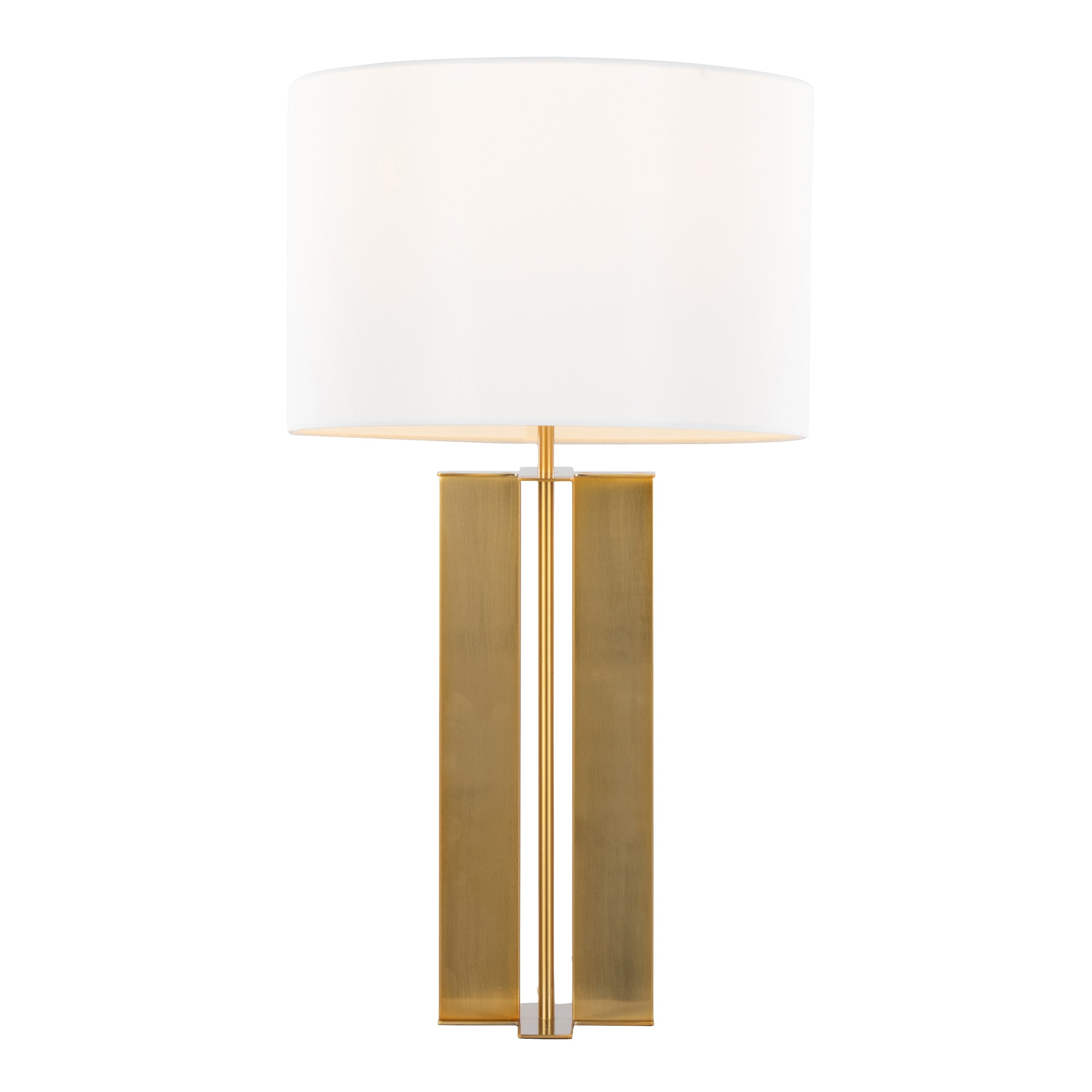 Cosmo 28" Glam Metal Table Lamp in Antique Brass and White Linen