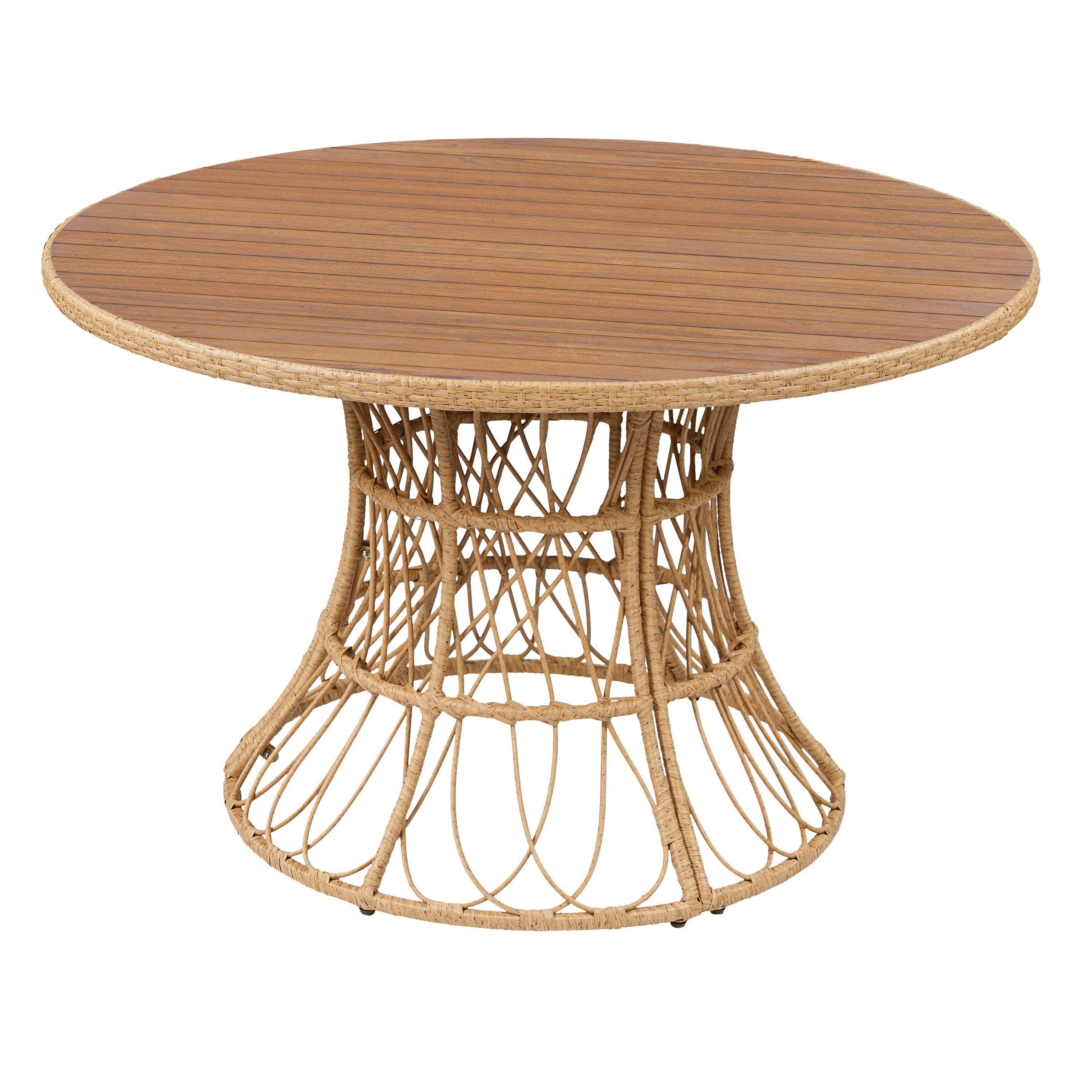 5-Piece Outdoor Dining Set: Teak Finish Round Acacia Wood Table & 4 Wicker Armchairs