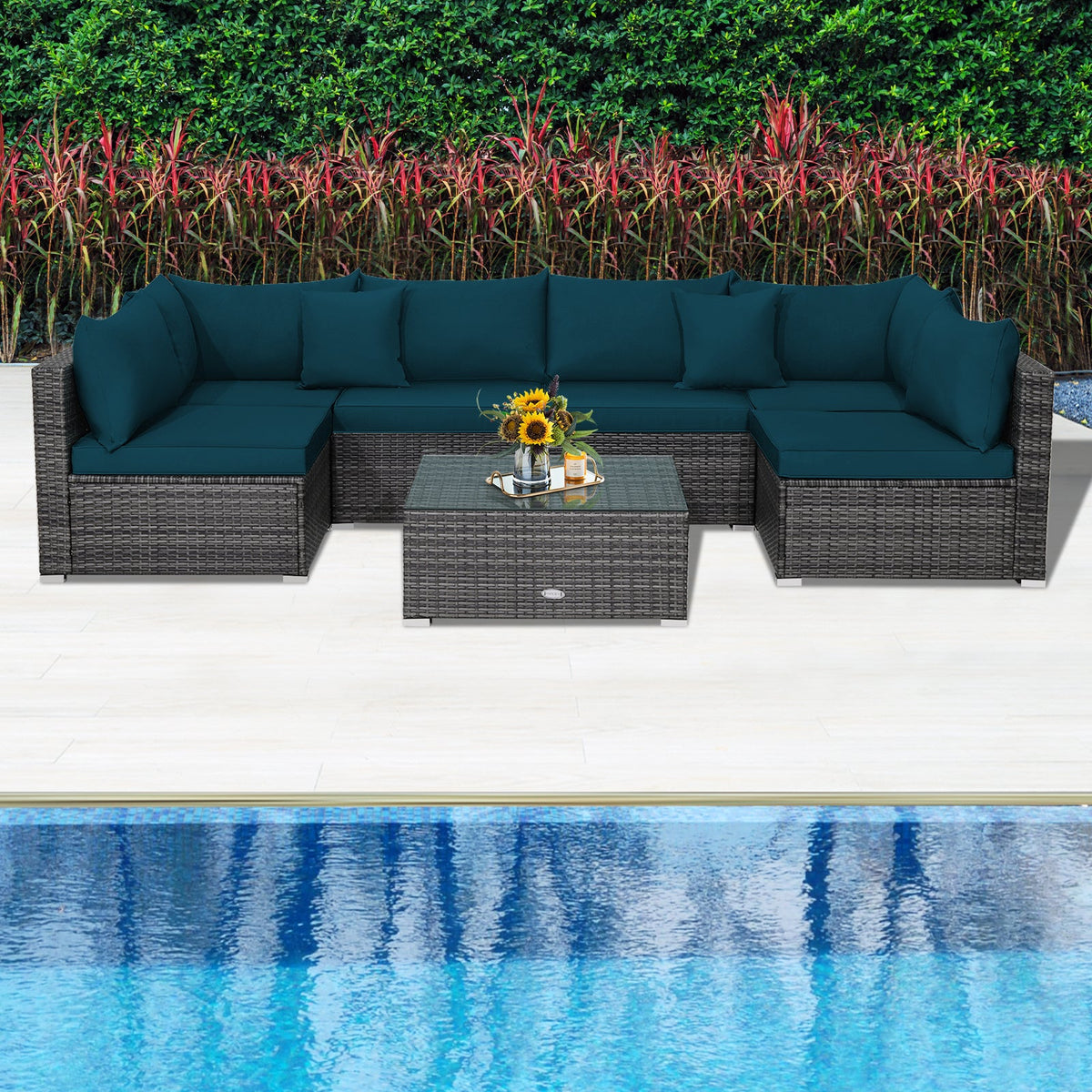 7 Pieces Patio Rattan Furniture Set Sectional Sofa Garden Cushion
