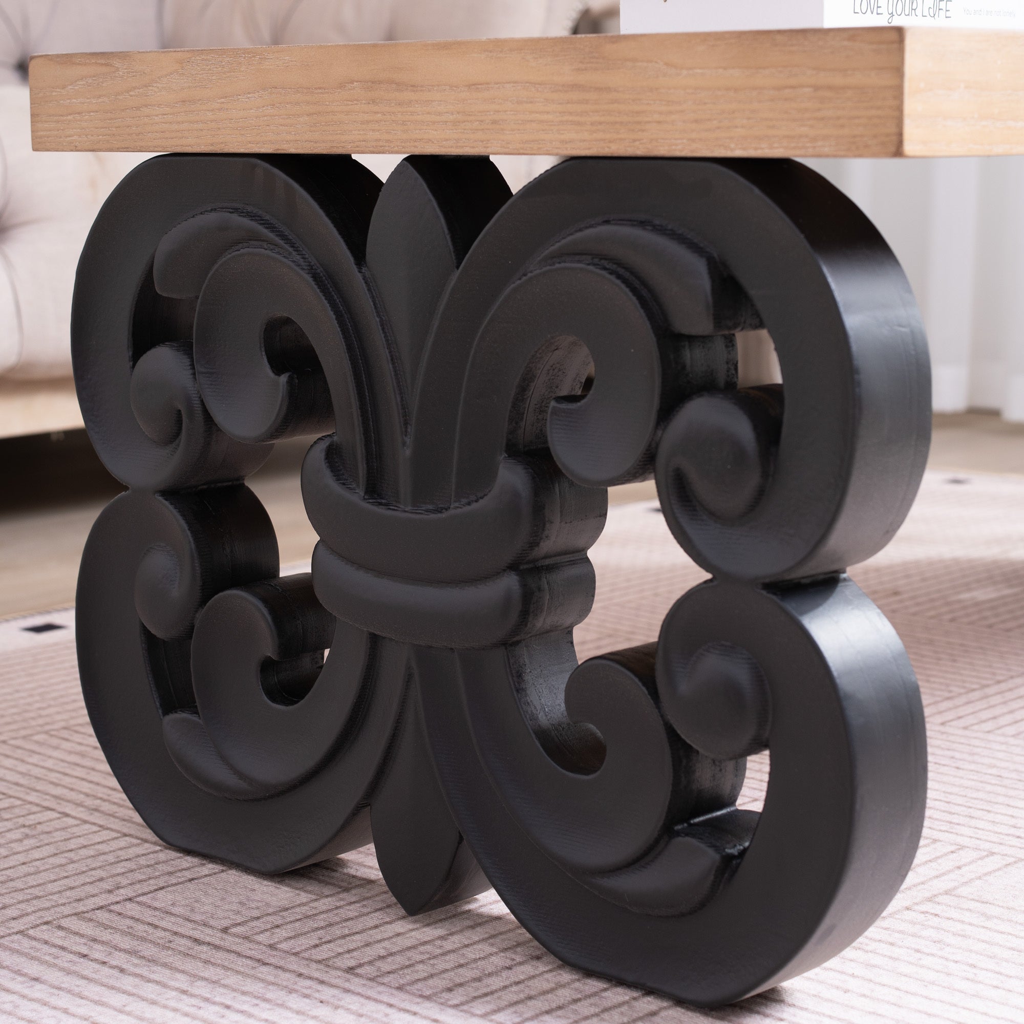 Black Scroll Base Coffee Table – 47" Rectangular Wood Living Room Table