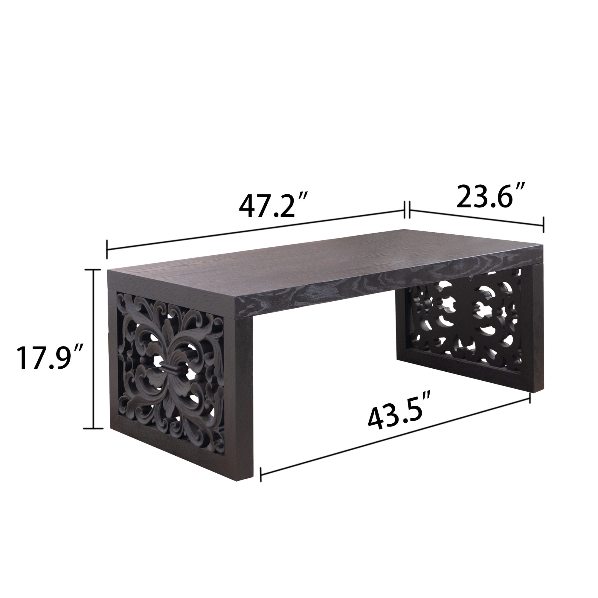 47.2" Solid Black Carved Wood Coffee Table – Handcrafted Look with Ornate Side Panels