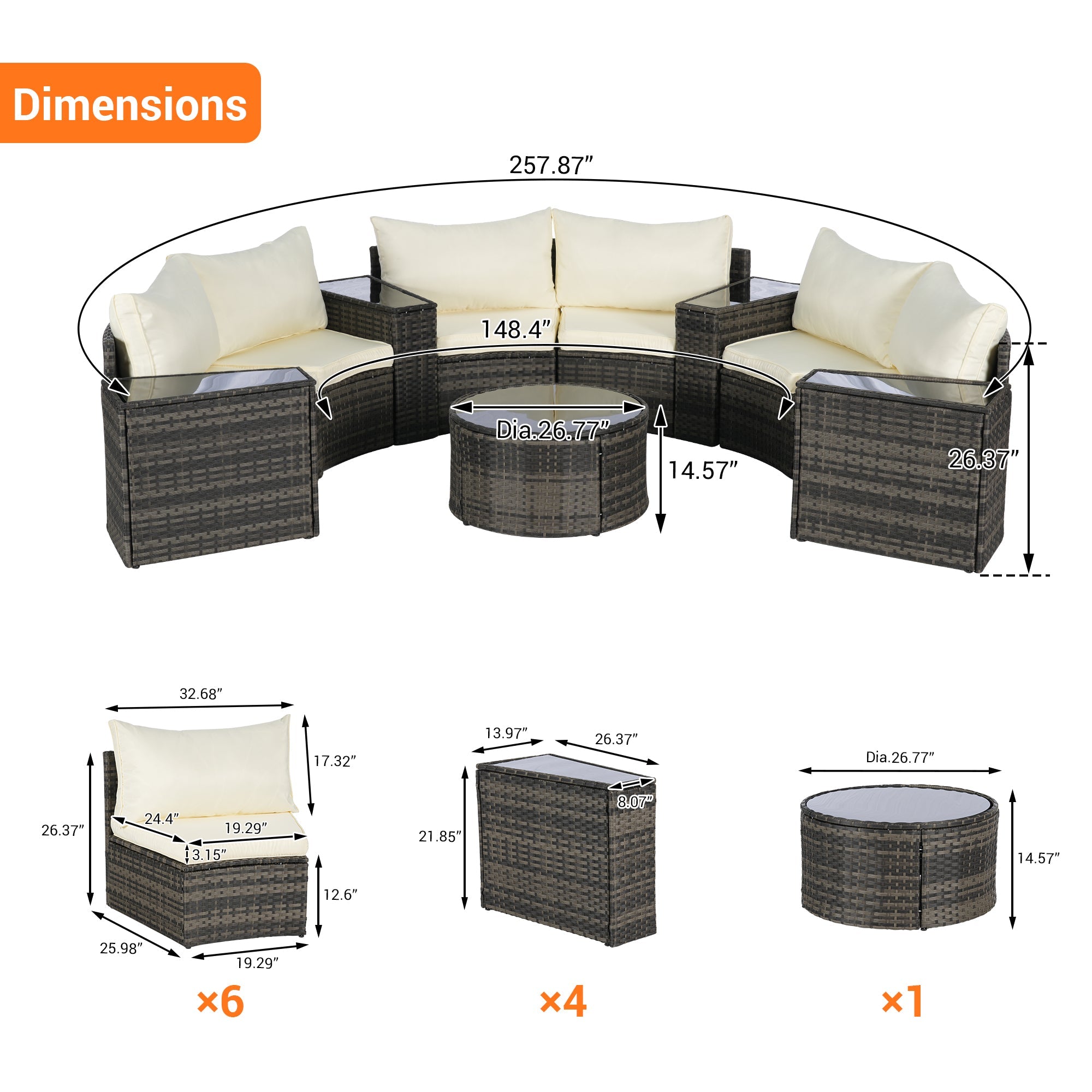 Outdoor Patio Furniture 11-Piece Half-Moon Sectional Round Patio Set Sofa with Tempered Glass Round Coffee Table
