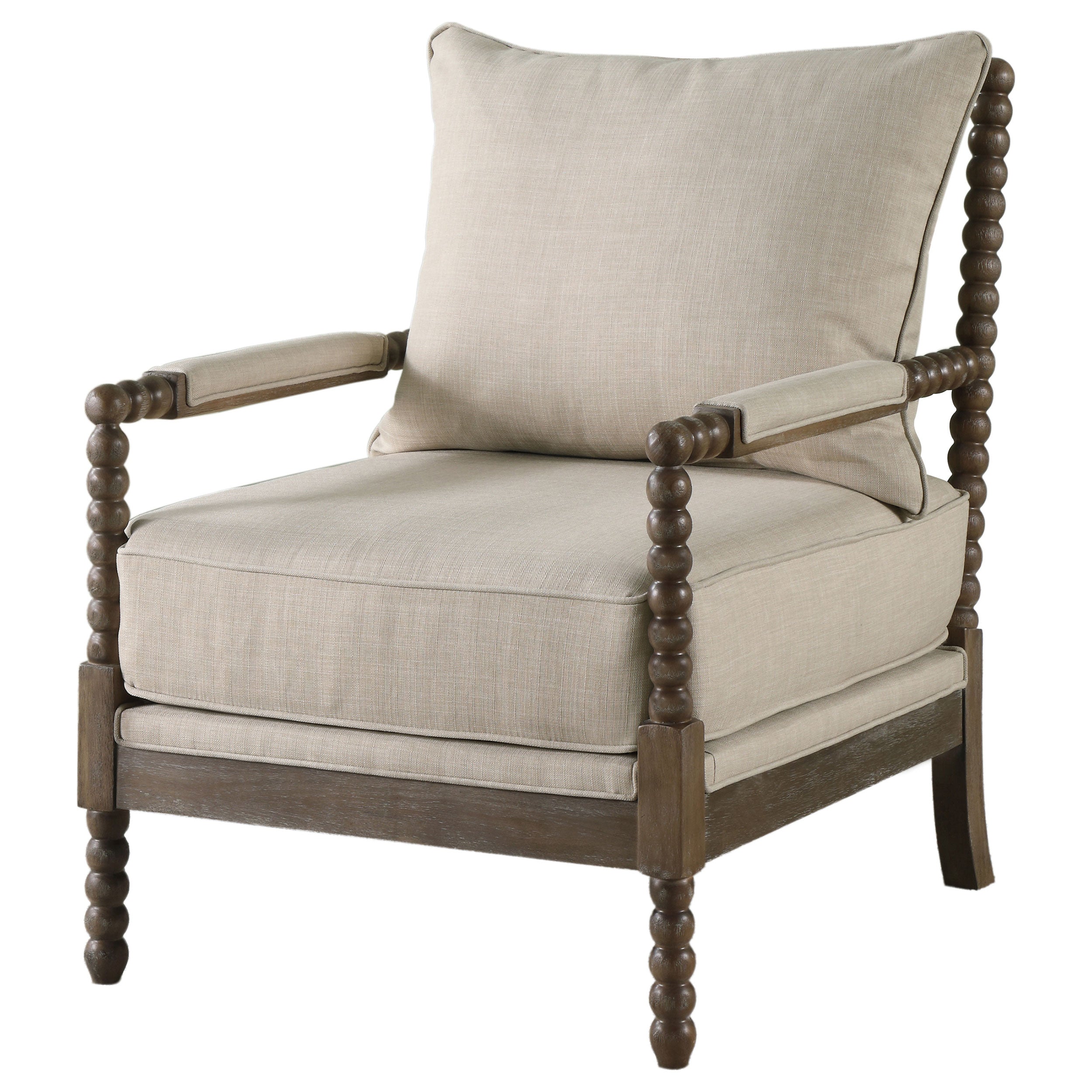 Beige and Natural Removable Back Accent Chair with Faux Linen Fabric and Wood Frame