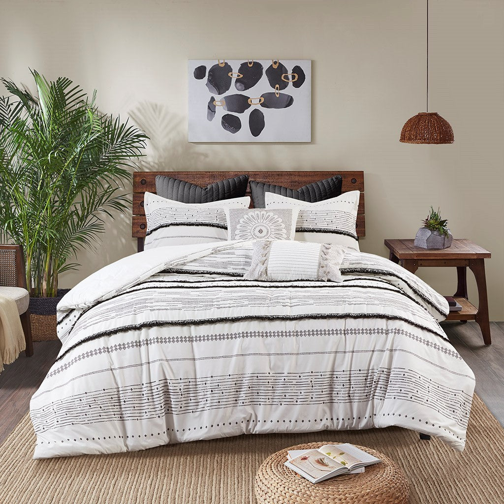 Cotton Printed Comforter Set with Trims Black/White King/Cal King