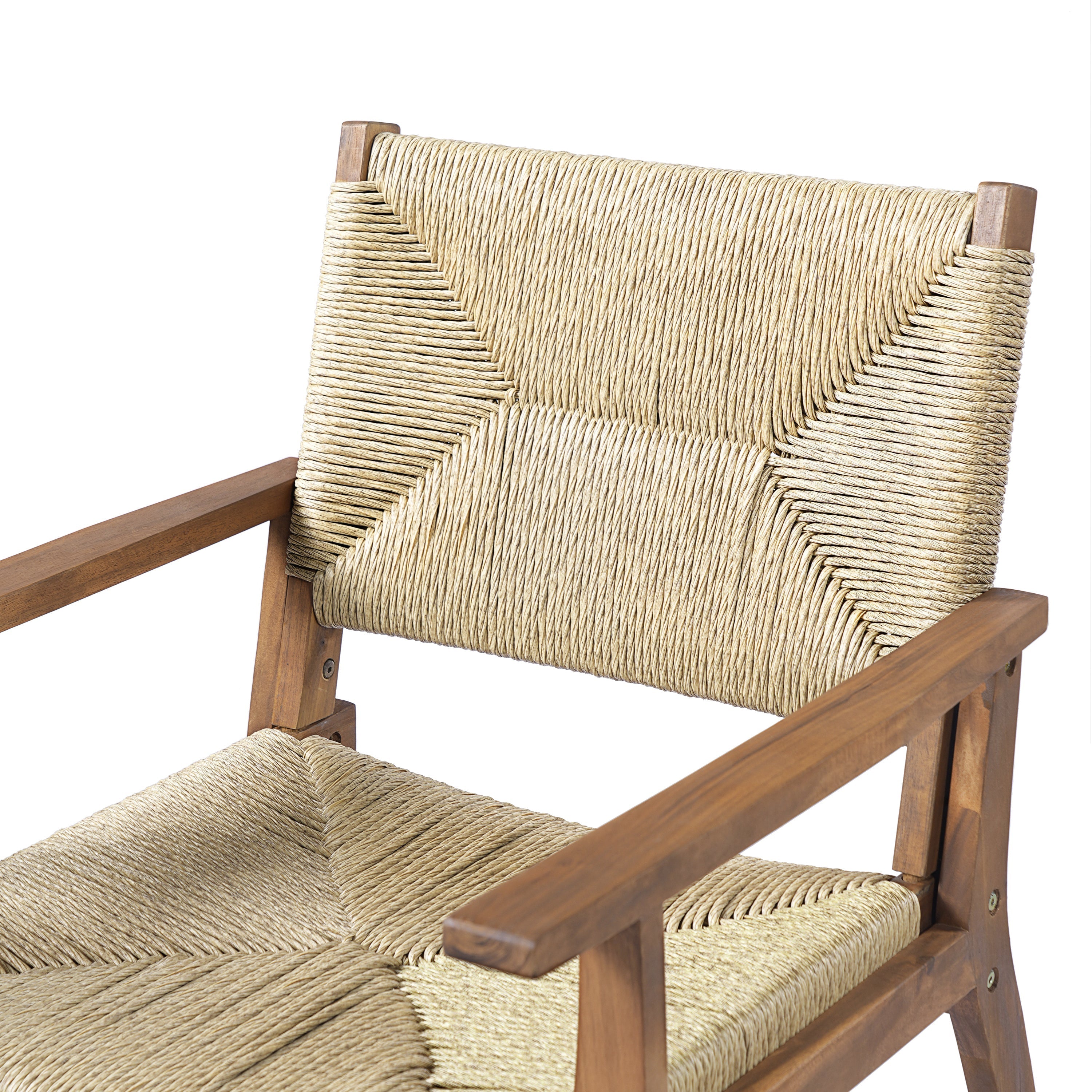 5-Piece Outdoor Dining Set: Teak Finish Round Acacia Wood Table & 4 Wicker Armchairs