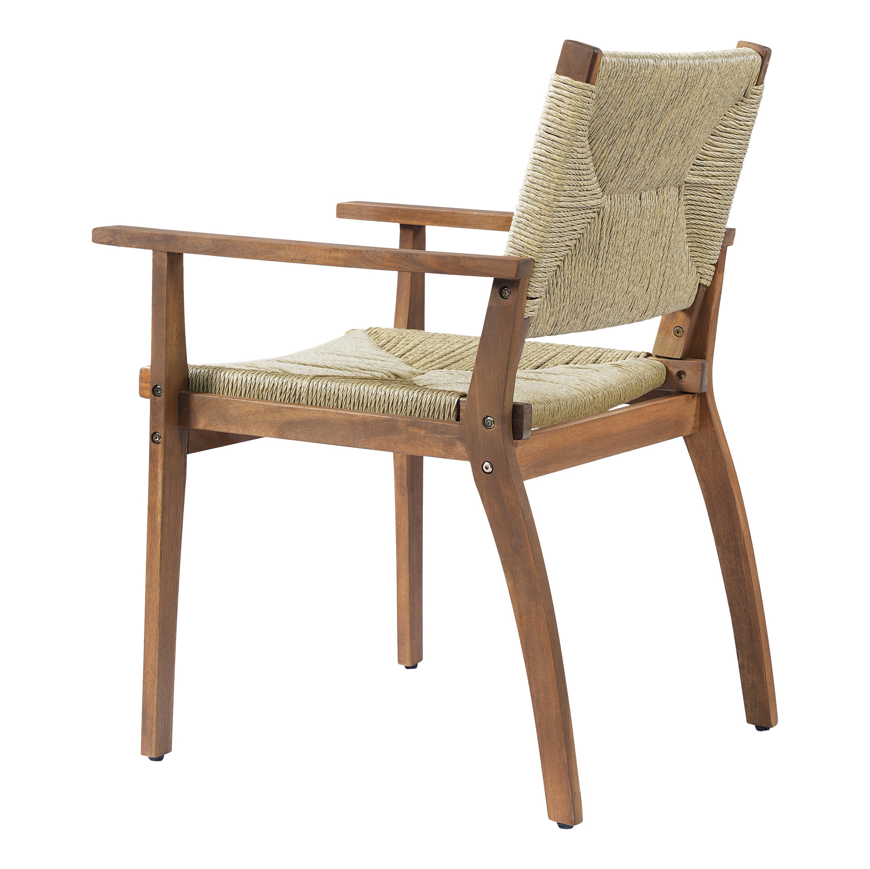 5-Piece Outdoor Dining Set: Teak Finish Round Acacia Wood Table & 4 Wicker Armchairs