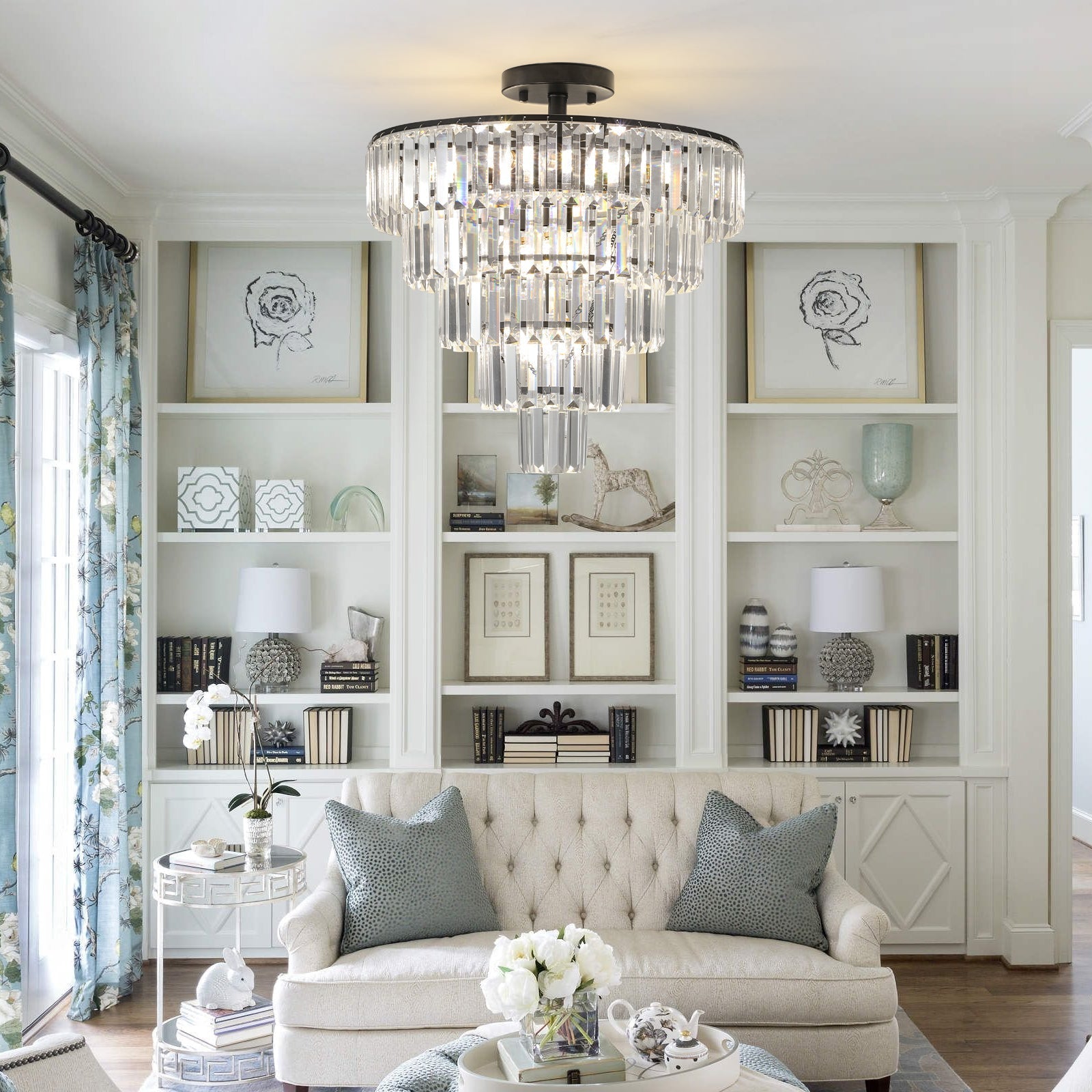 20' Black Crystal Chandelier Ceiling Light, Modern Luxury 10-Light Flush Mount
