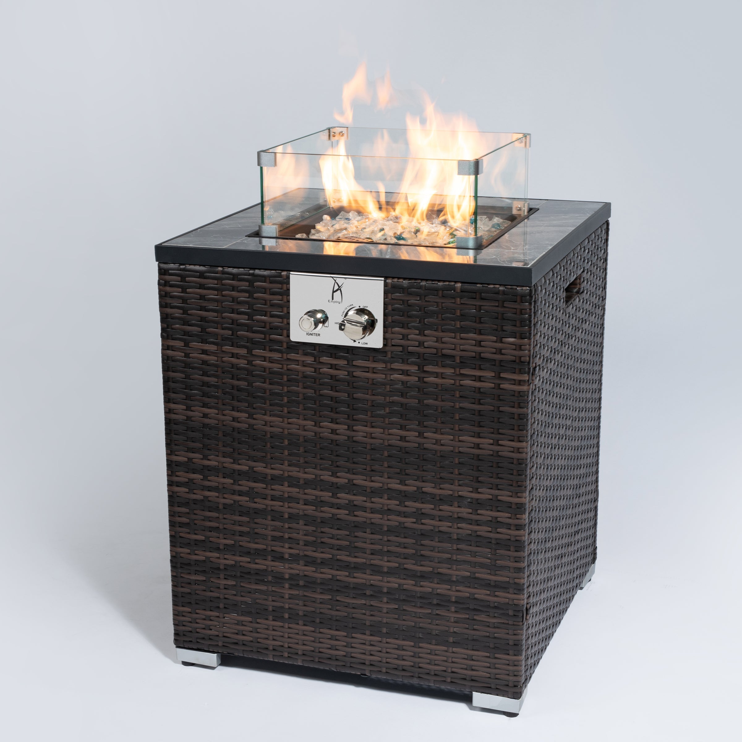 24" Propane Gas Fire Pit Table with Tile Tabletop and Wicker Base