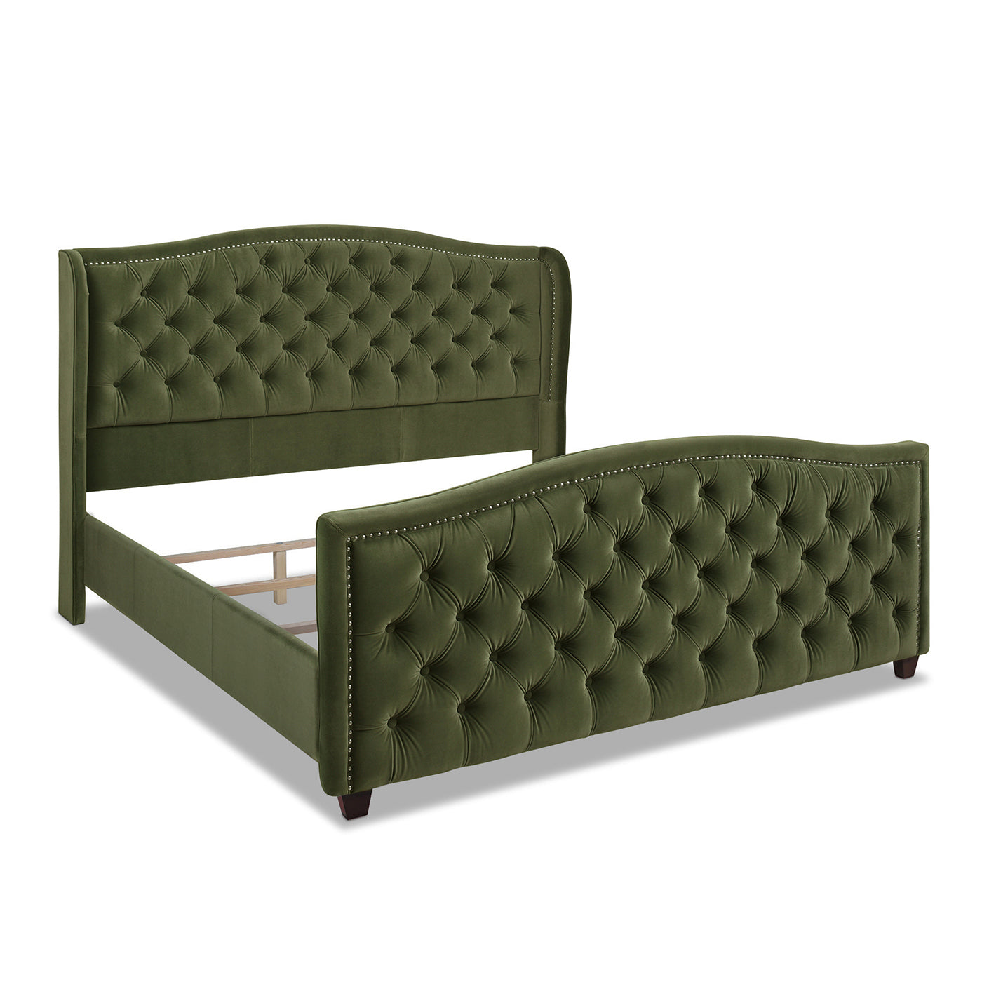 Marcella Upholstered Shelter Headboard Bed Set, King, Olive Green Performance Velvet