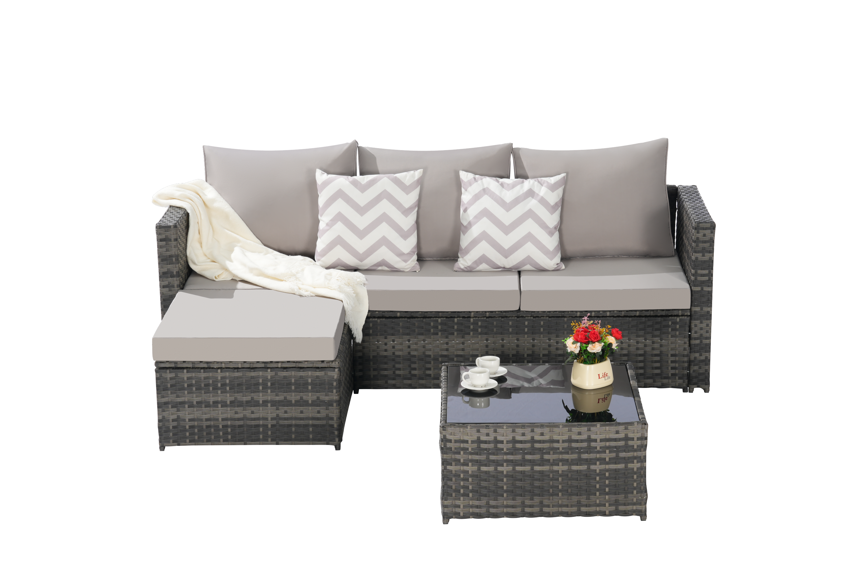 2 Pieces Patio Furniture Set with Woven Sectional and Ottoman