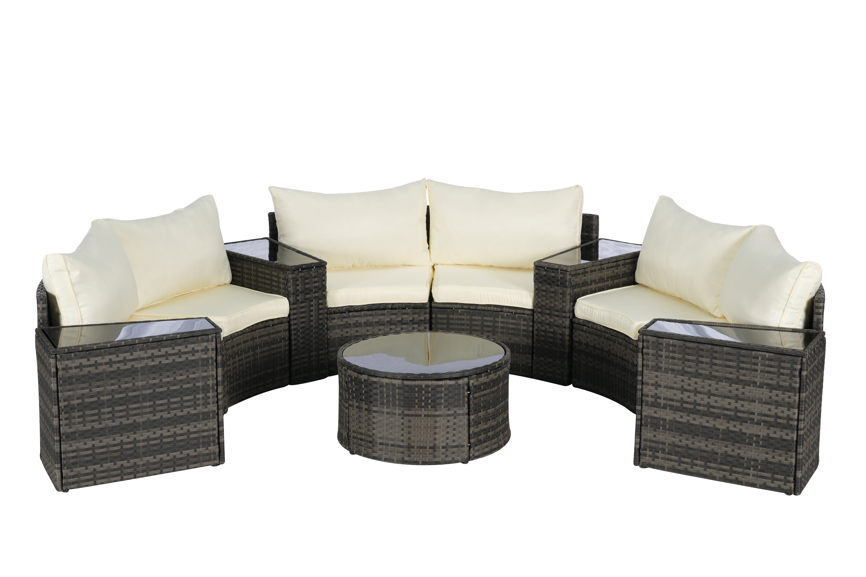 Outdoor Patio Furniture 11-Piece Half-Moon Sectional Round Patio Set Sofa with Tempered Glass Round Coffee Table